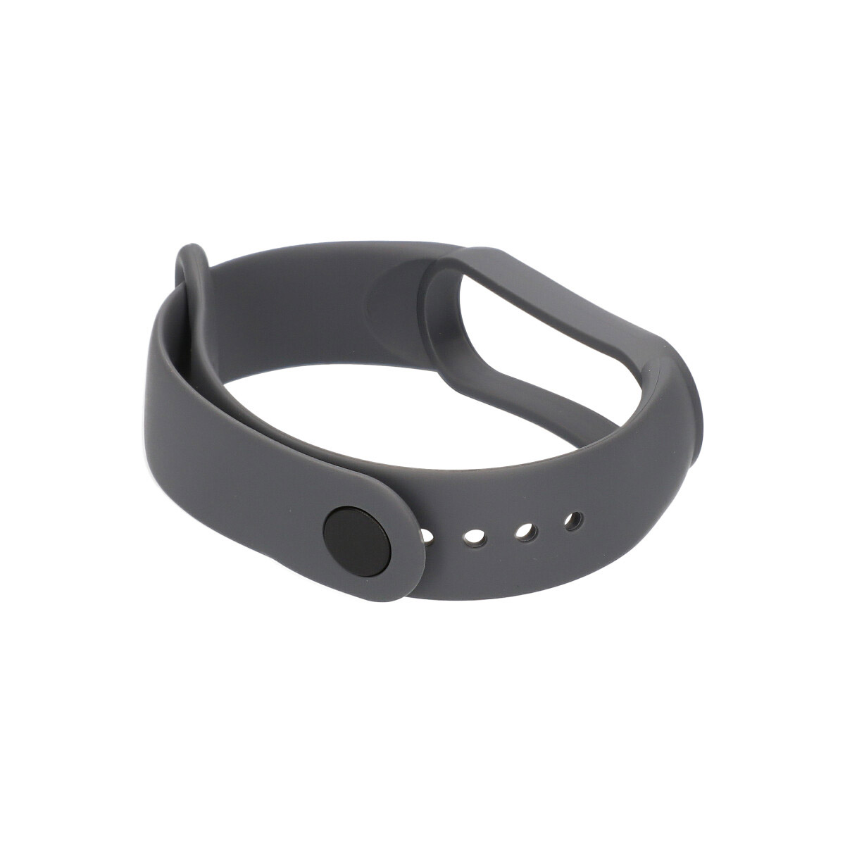 Correa de reloj inteligente gris con un botón negro y agujeros para ajuste.