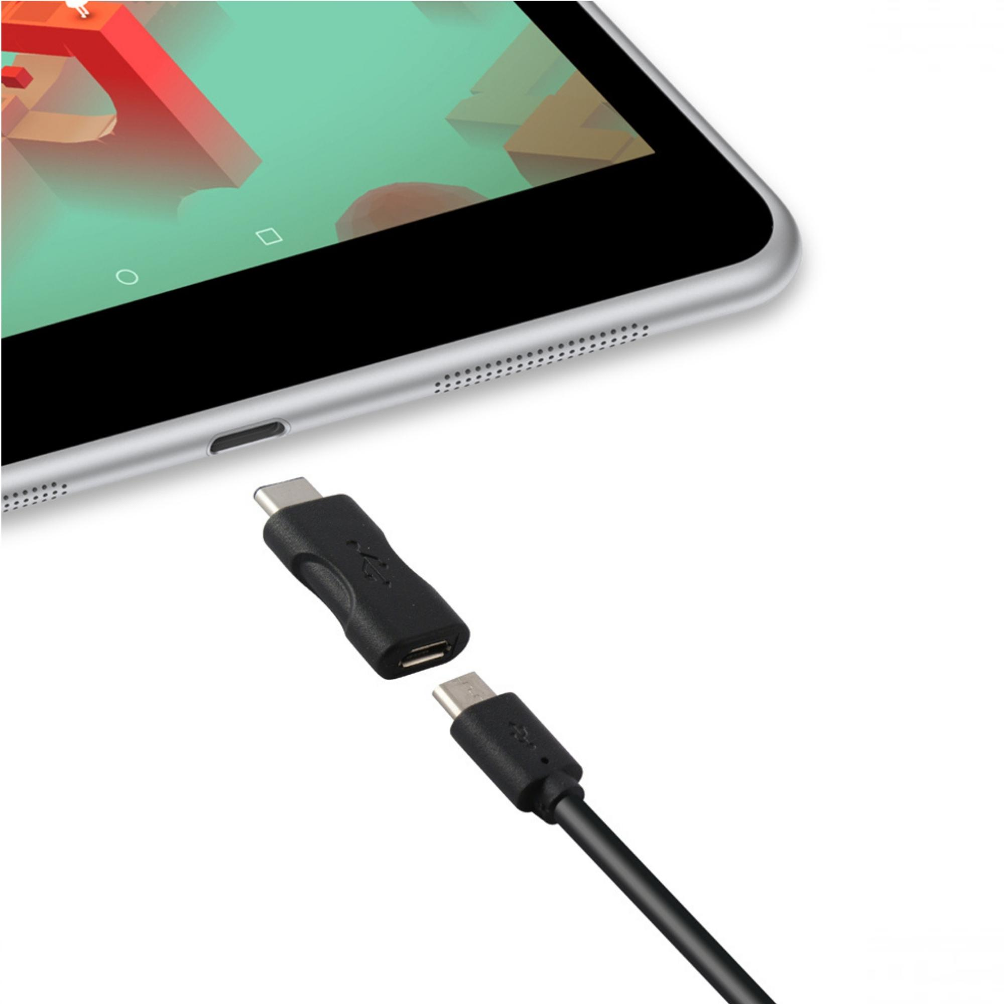 Un tablet con cavo USB-C e adattatore, vista ravvicinata.