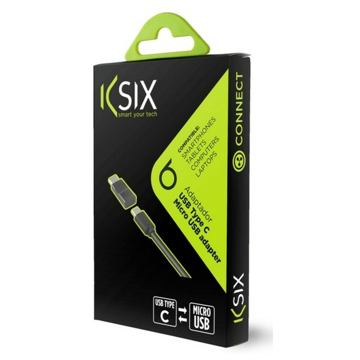 Scatola nera e verde per un adattatore USB, che mostra un adattatore da USB-C a micro-USB.