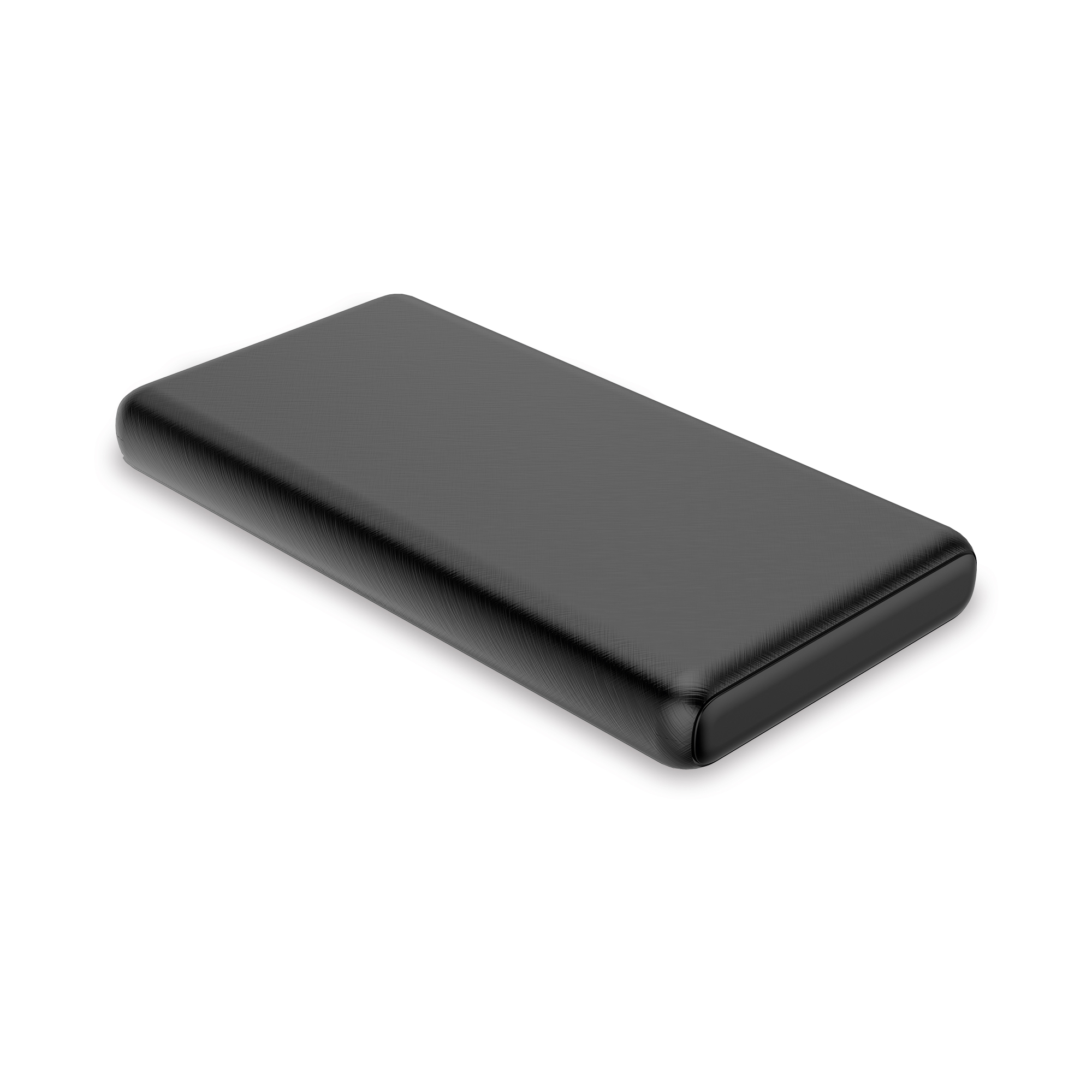 Un power bank nero, rettangolare e strutturato.