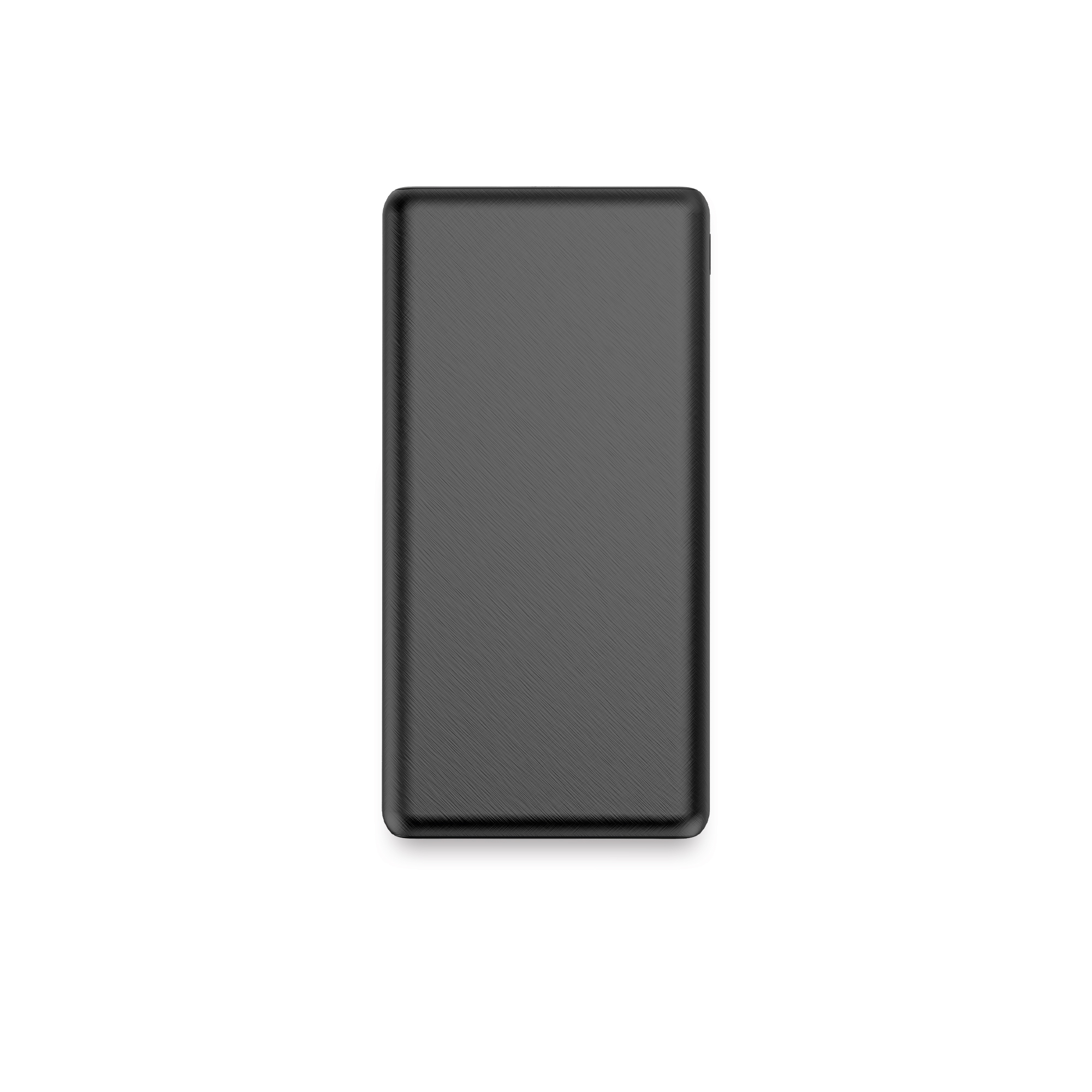Un power bank rettangolare nero con superficie testurizzata, isolato su sfondo bianco.