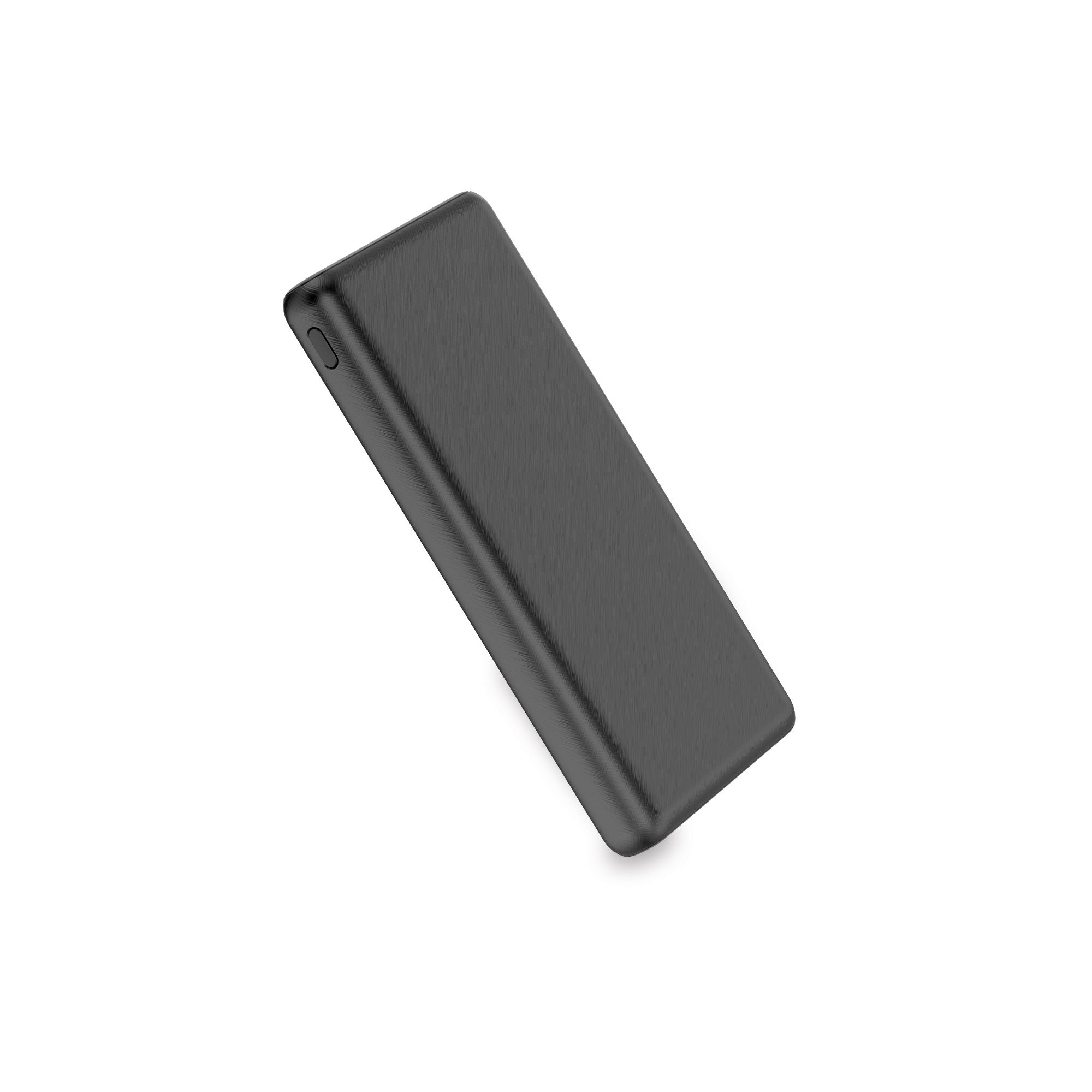 Dispositivo power bank nero in un angolo diagonale.