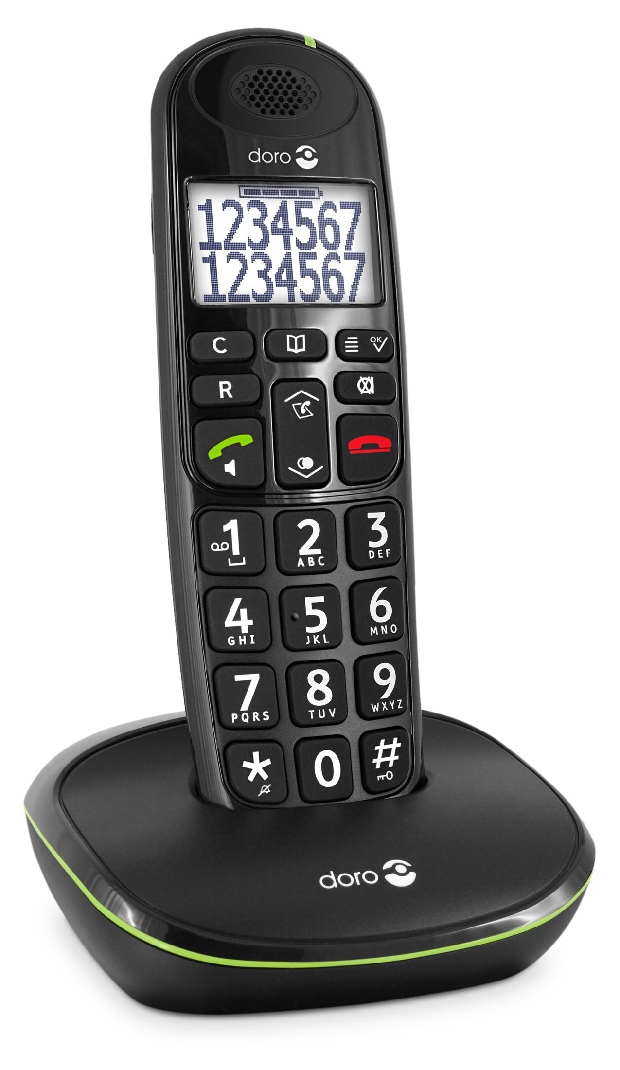 Teléfono inalámbrico negro con pantalla grande y botones grandes, sobre una base negra.