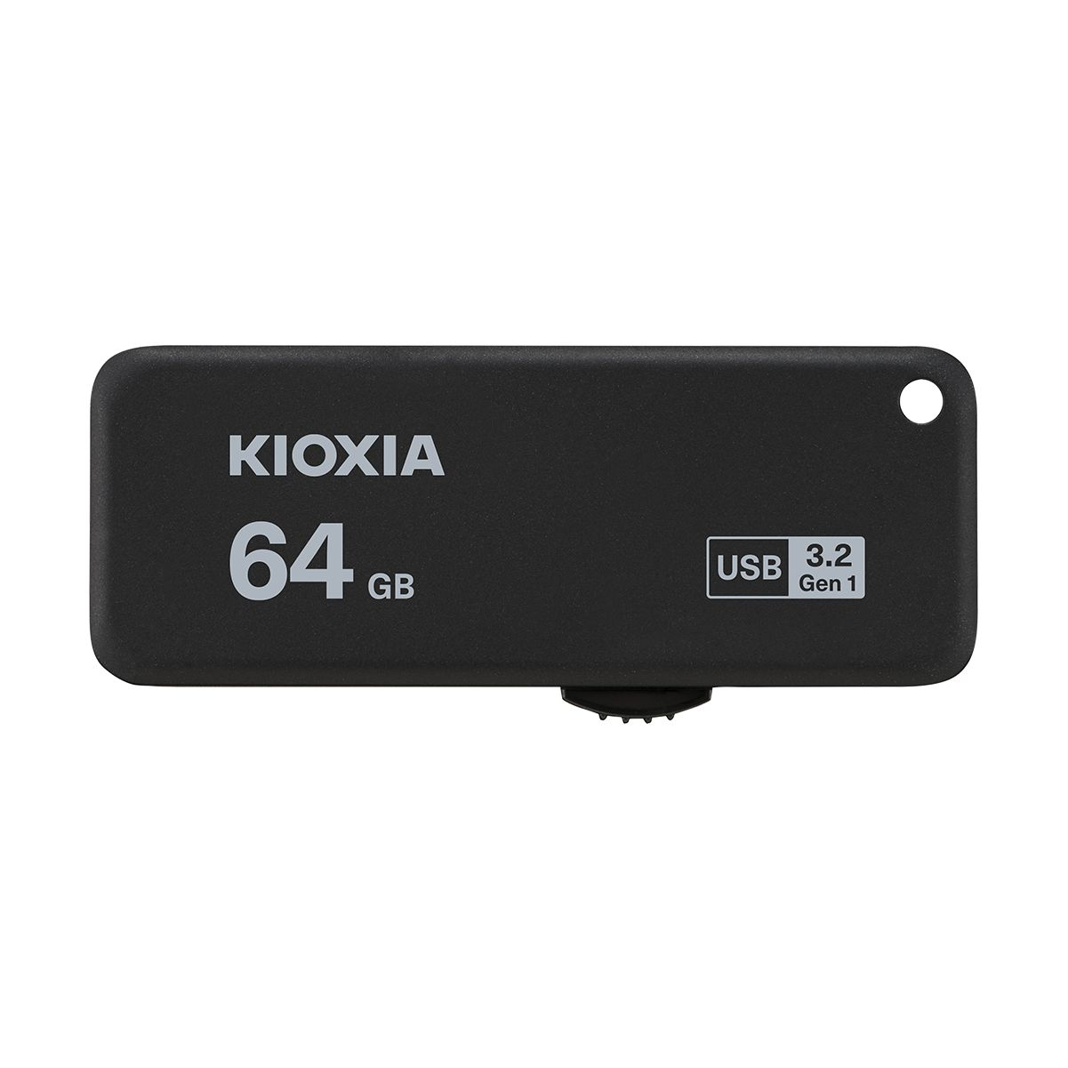 Clé USB KIOXIA noire de 64 Go avec étiquette USB 3.2 Gen 1, fond blanc.