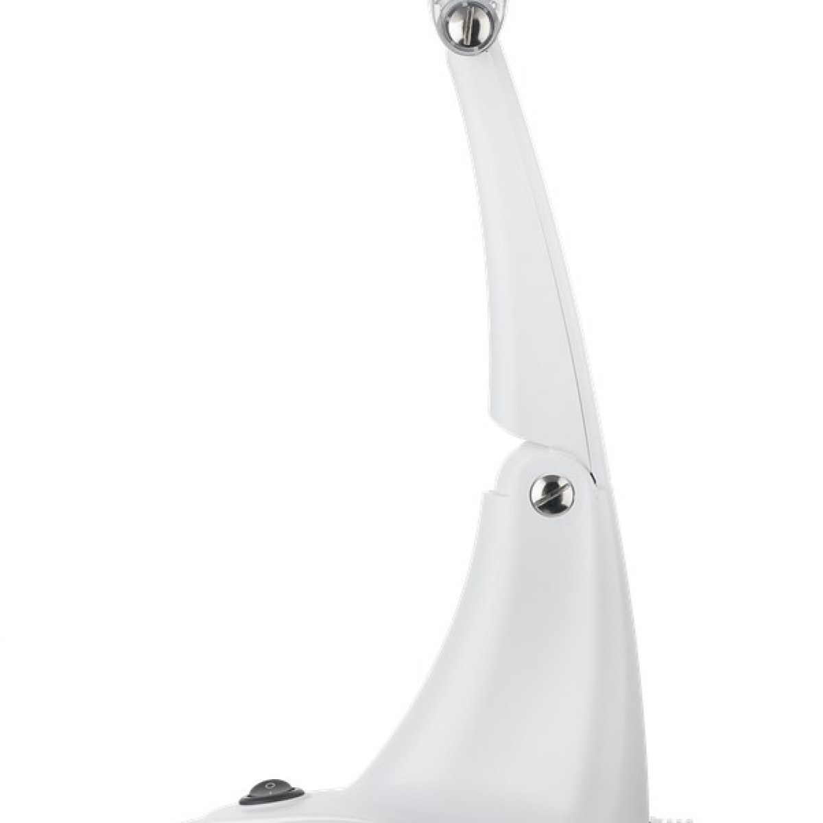 Weiße Bogen-Schreibtischlampe mit weißem Sockel. Die Lampe ist nach rechts gerichtet.