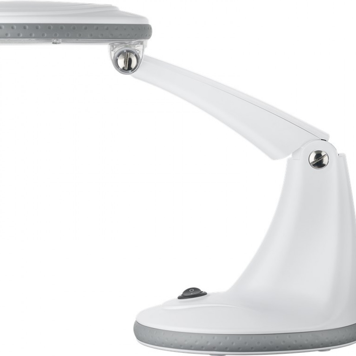 Weiße Schreibtischlampe mit grauem Rand, gebogenem Arm und Sockel mit Ein-/Aus-Taste.