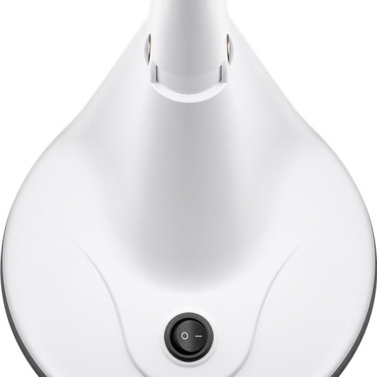 Eine weiße Schreibtischlampe, von oben betrachtet, mit einem Ein-/Ausschalter.