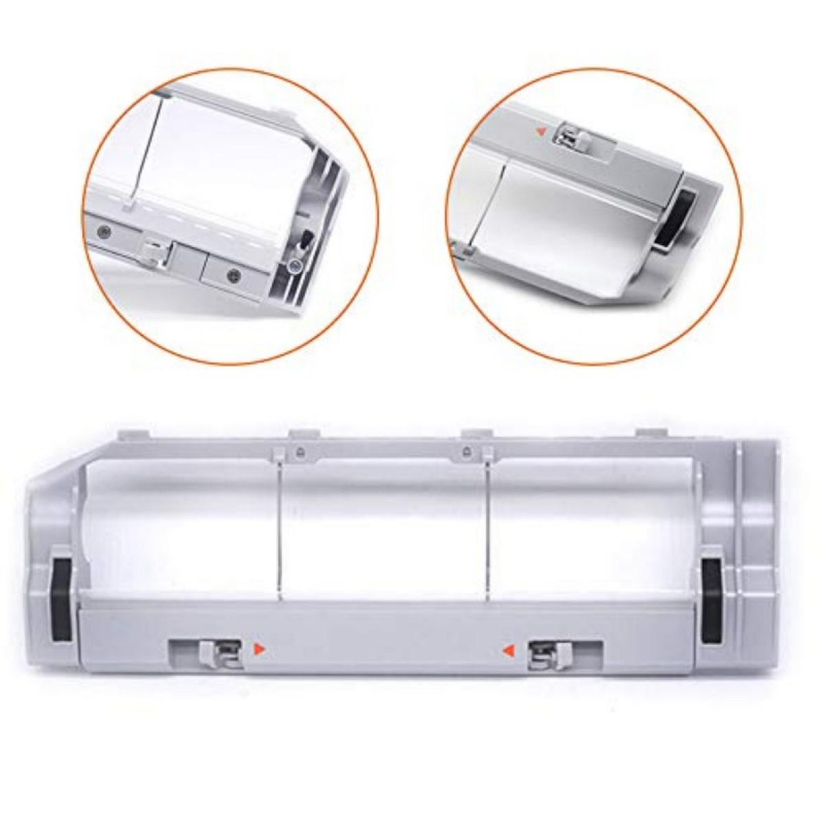 Zbliżenie komponentu drona, z dwoma okrągłymi zbliżeniami i jednym dłuższym, prostokątnym elementem.