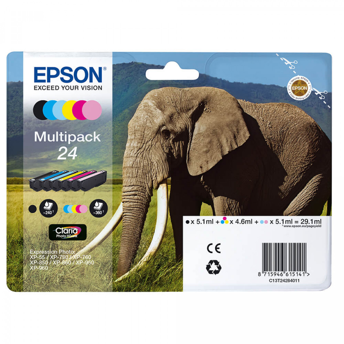 Multipack cartucce Epson con immagine elefante. Include cartucce colorate e testo.