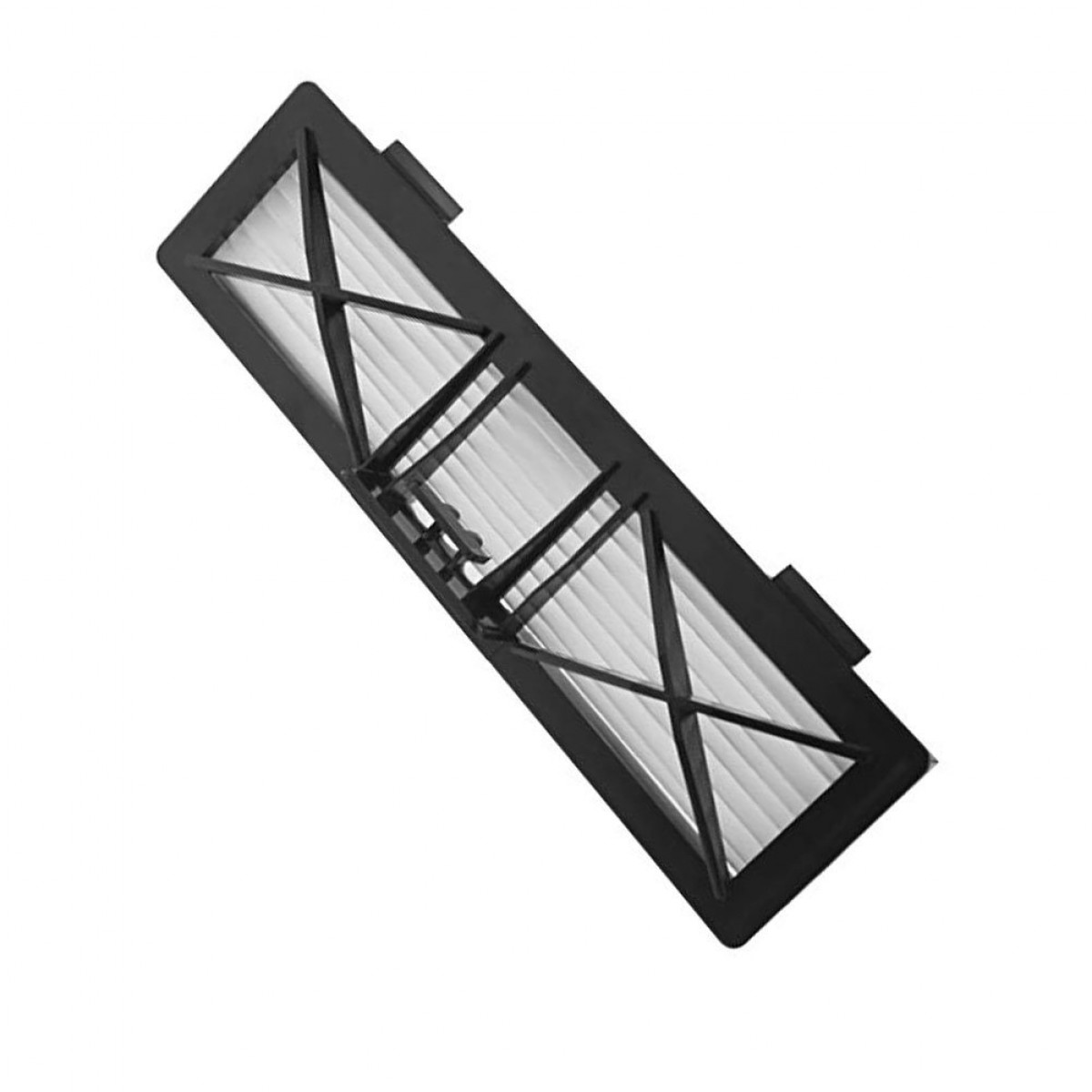 Prostokątny filtr z czarną ramką i wewnętrznym białym materiałem filtrującym.