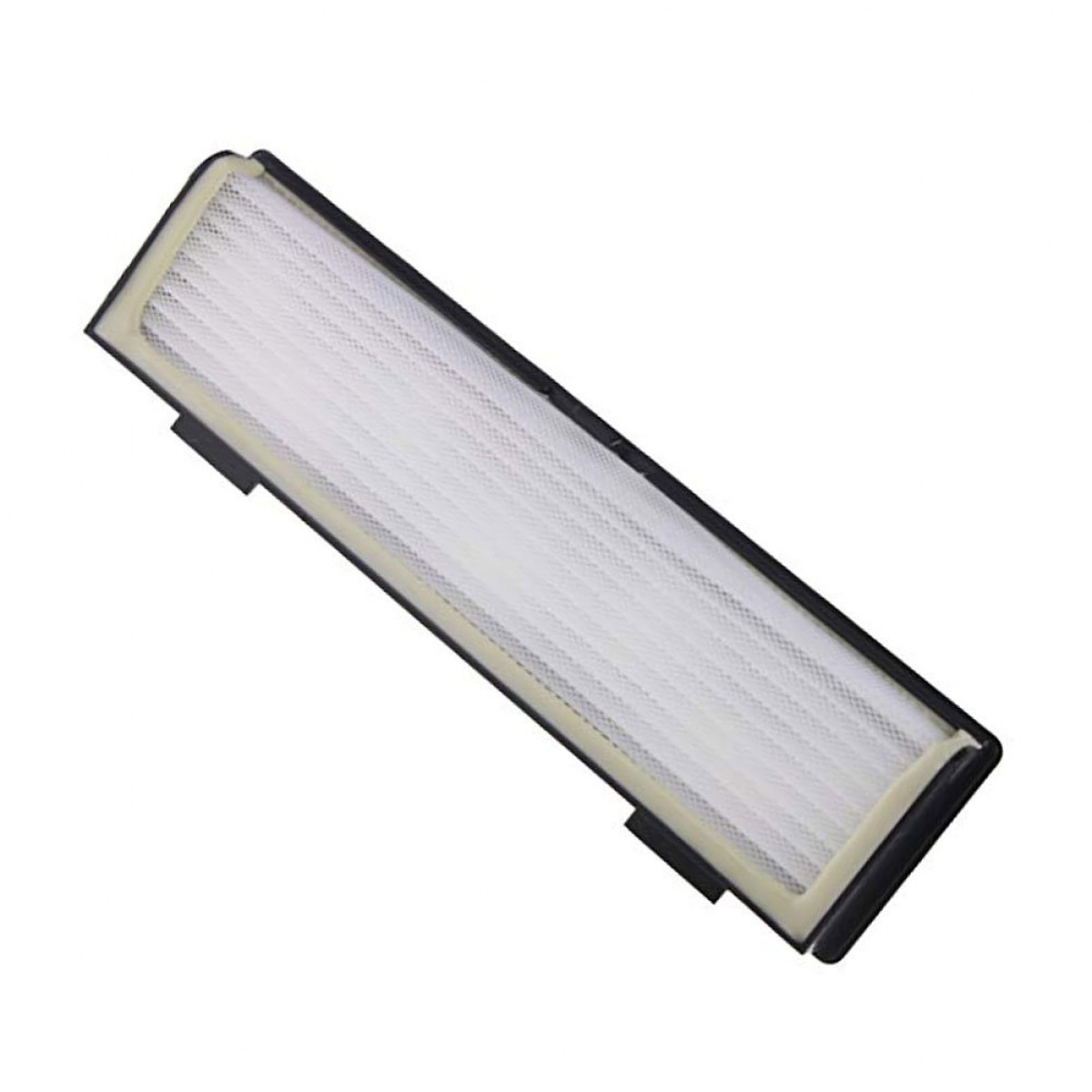 Prostokątny filtr powietrza. Jest biały z czarnymi obramowaniami. Filtr ma strukturę podobną do kratki.