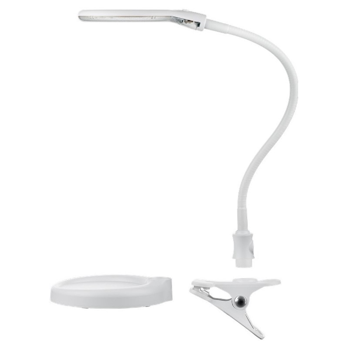 Weiße Schreibtischlampe mit flexiblem Hals, Sockel und Clip zur Befestigung.