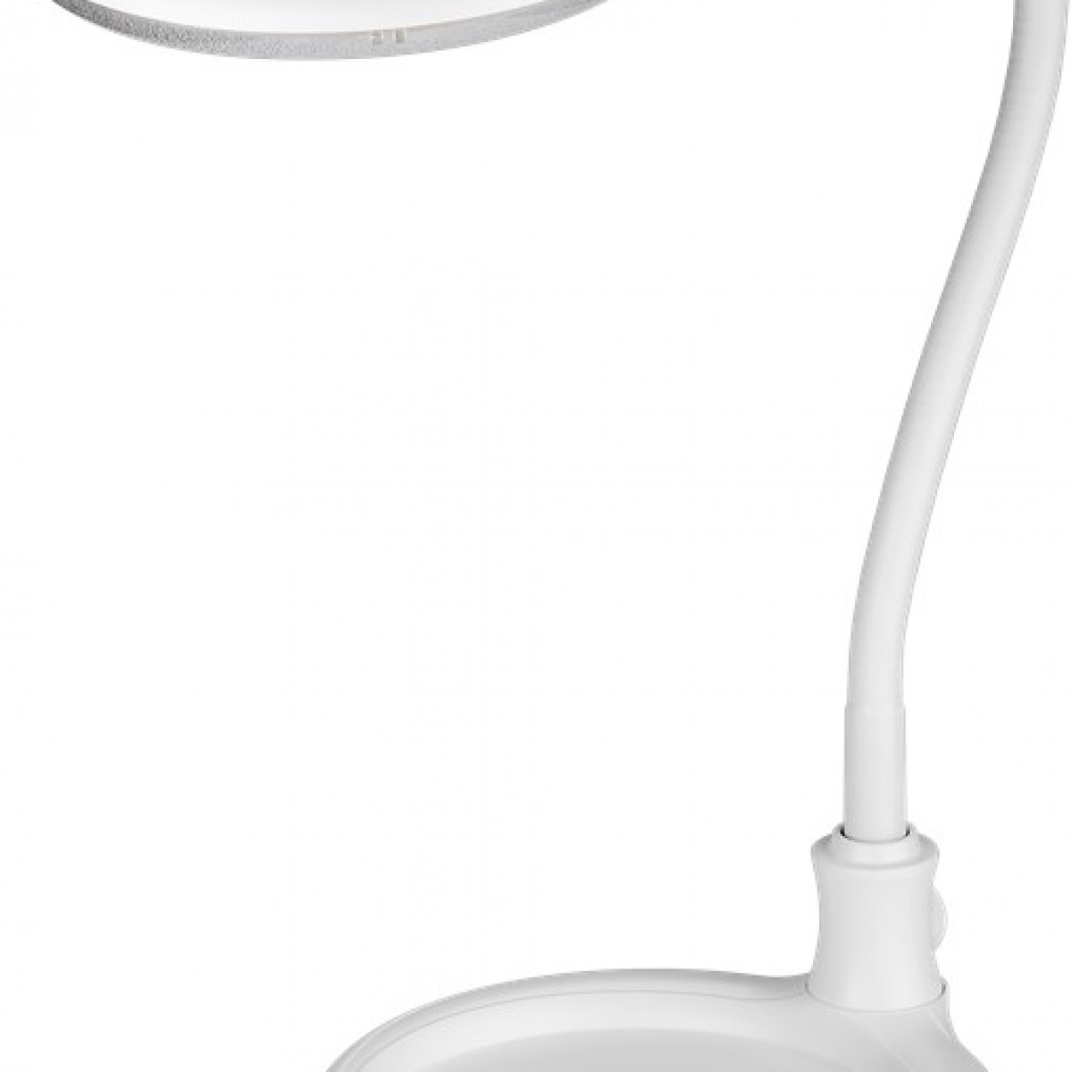 Weiße Schreibtischlampe mit flexiblem Arm und rundem Licht oben.