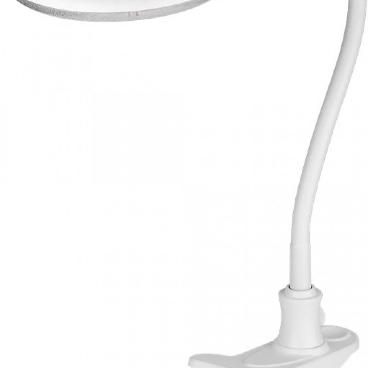 Weiße Schreibtischlampe mit gebogenem Arm und kreisförmigem Licht.