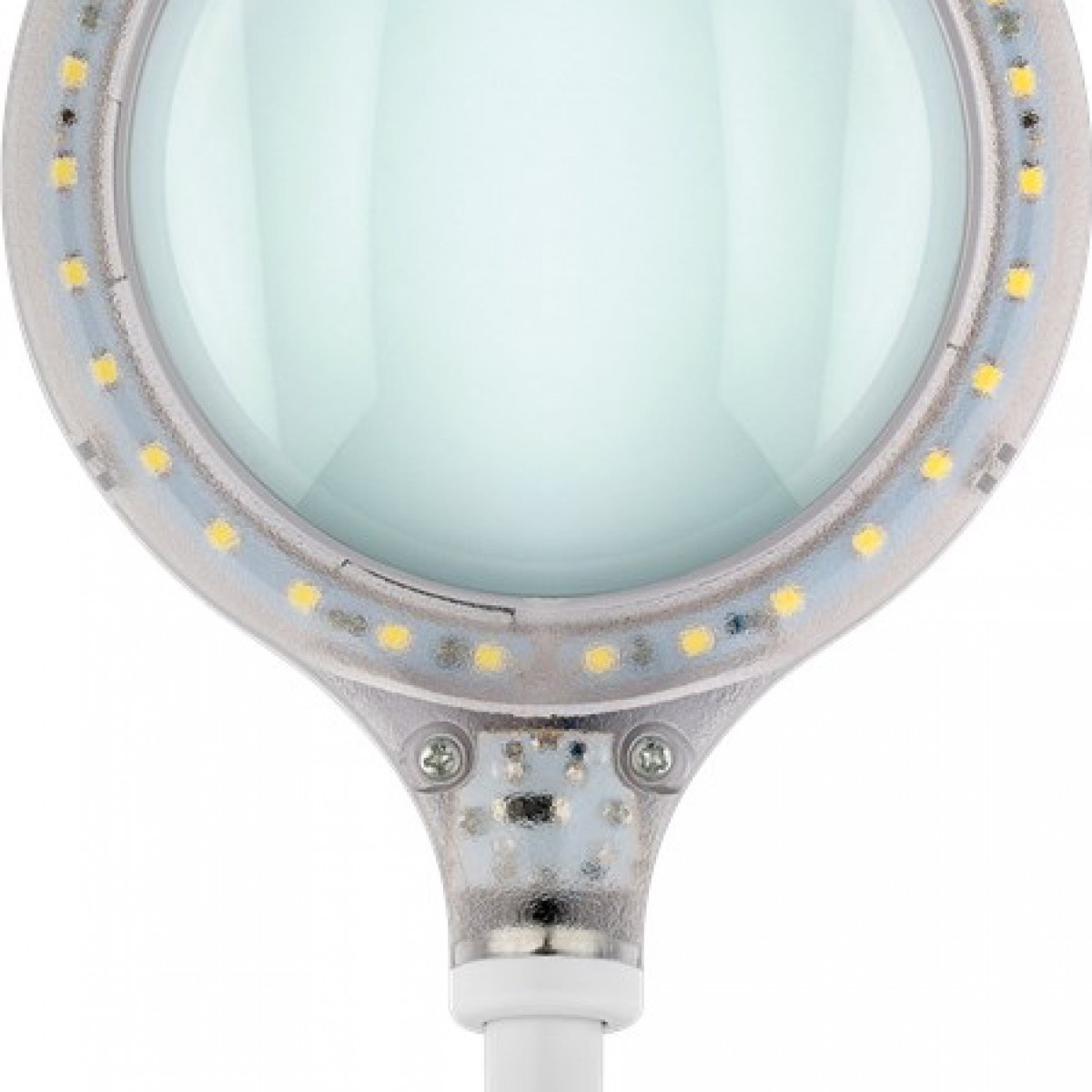Eine Lupe mit LED-Lichtern um die Linse. Sie hat einen weißen Griff.