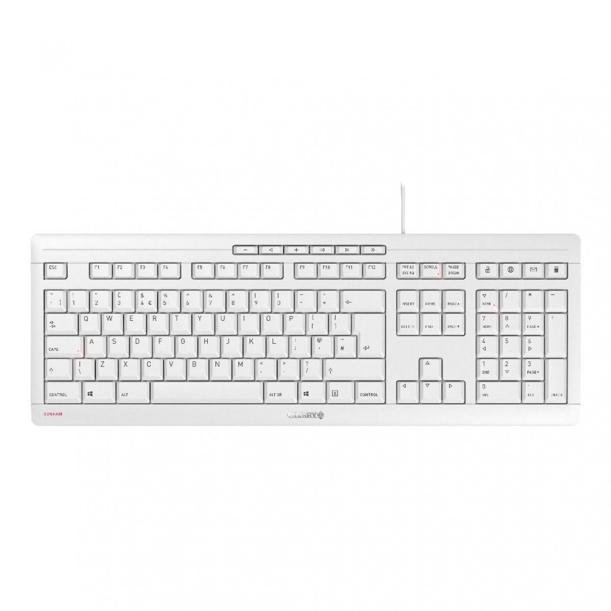 Tastiera bianca del computer con molti tasti. Logo Cherry in basso. Sfondo bianco.