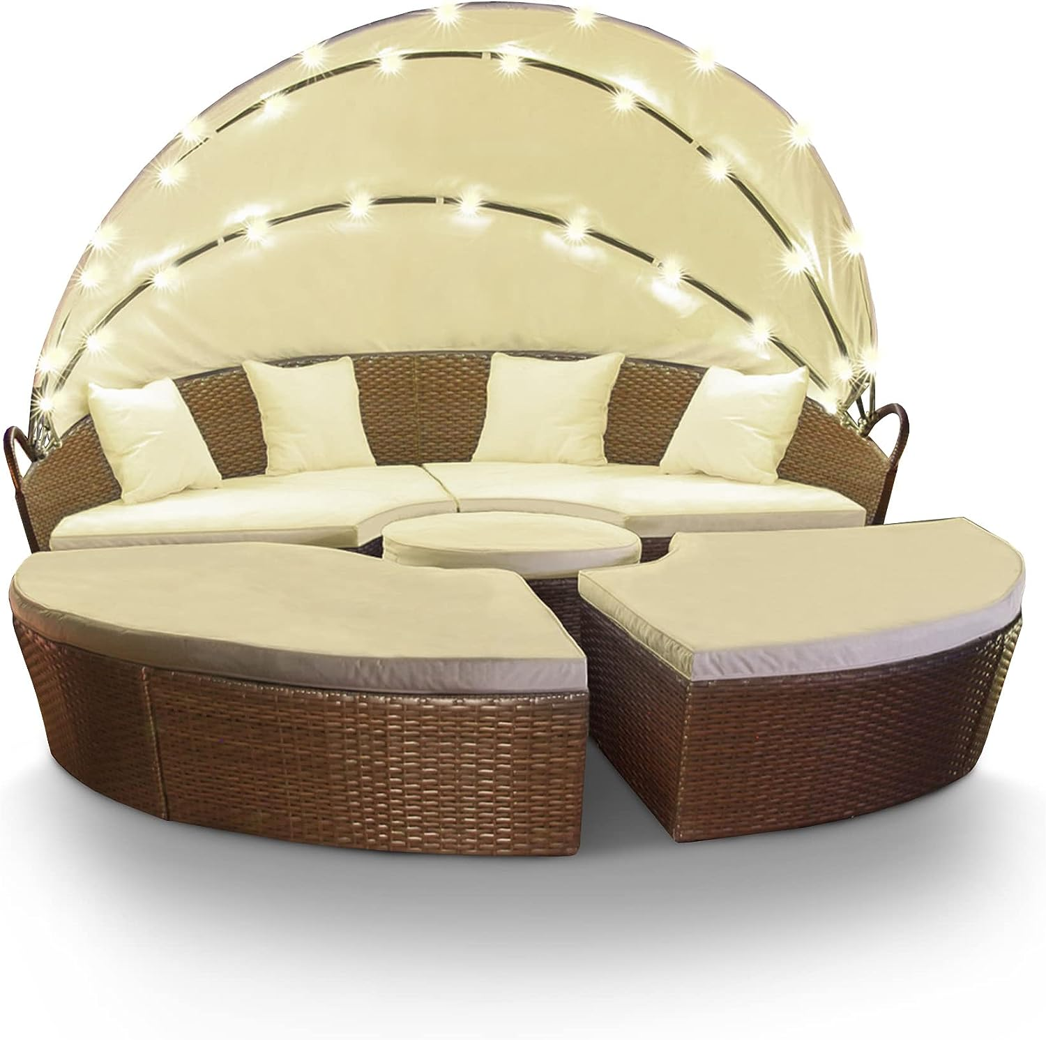 Gartenmöbelset: ein gebogenes Sofa, zwei halbkreisförmige Bänke und ein runder Couchtisch mit Baldachin.