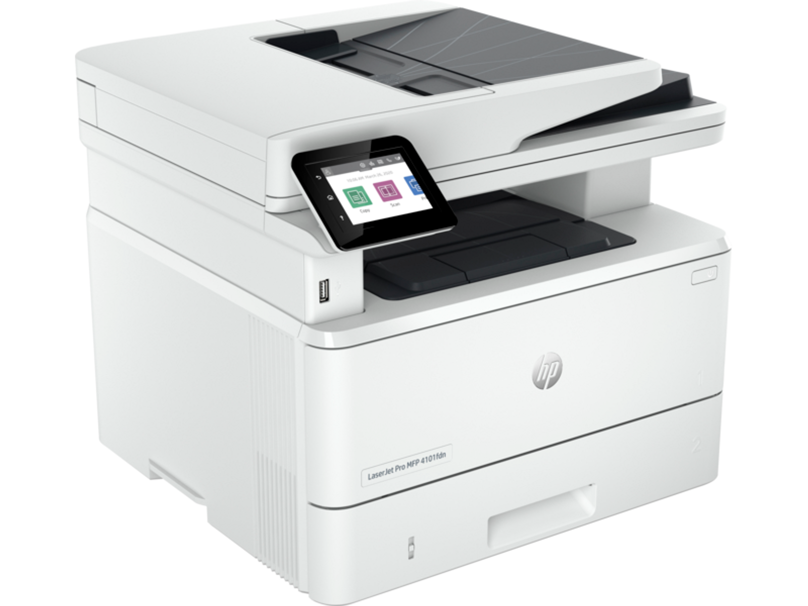 Biała drukarka wielofunkcyjna HP LaserJet Pro. Posiada ekran i kilka podajników. Czarne tło.