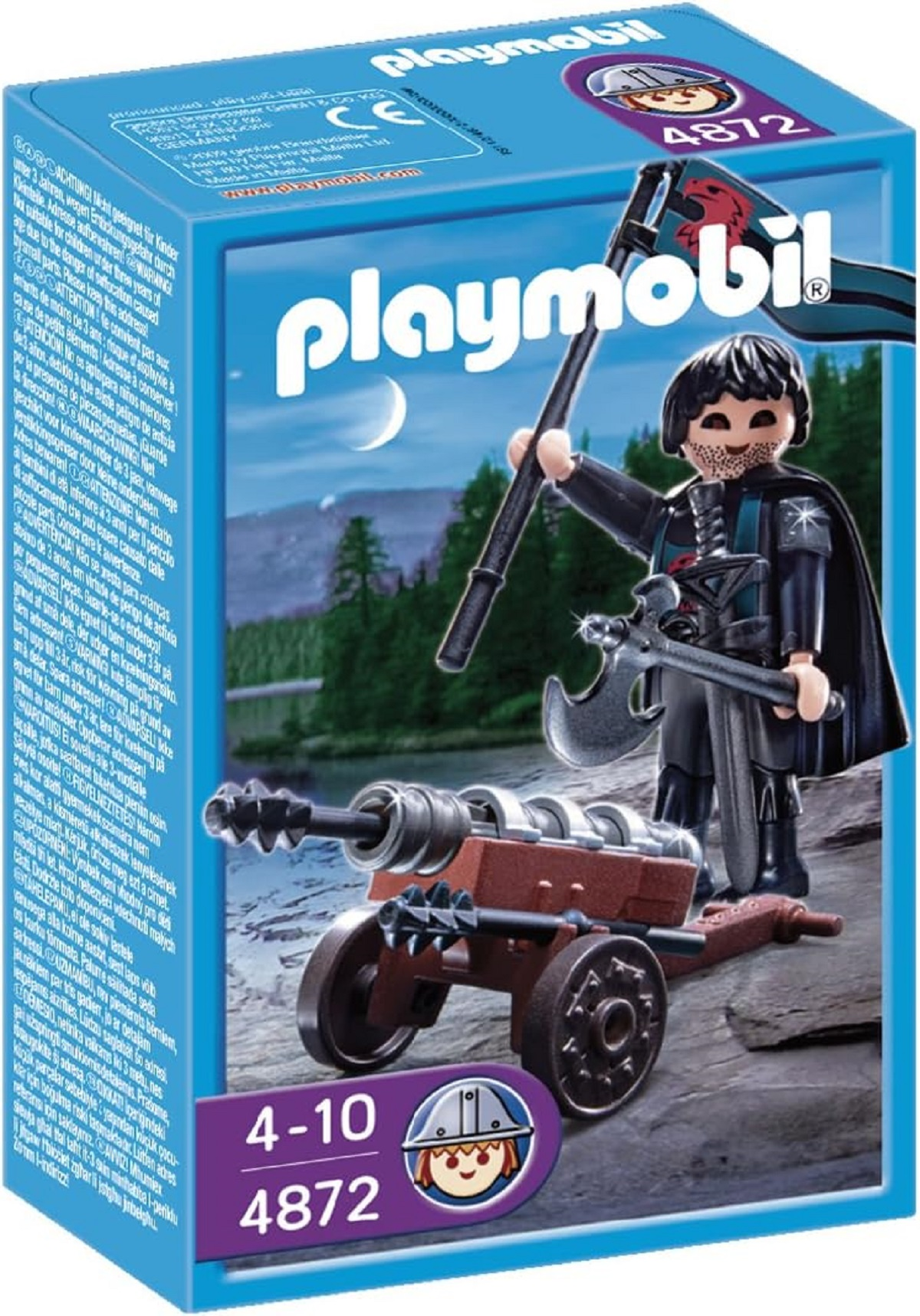 Playmobil-Box. Ein Ritter mit Kanone und Flagge. Blauer Hintergrund.