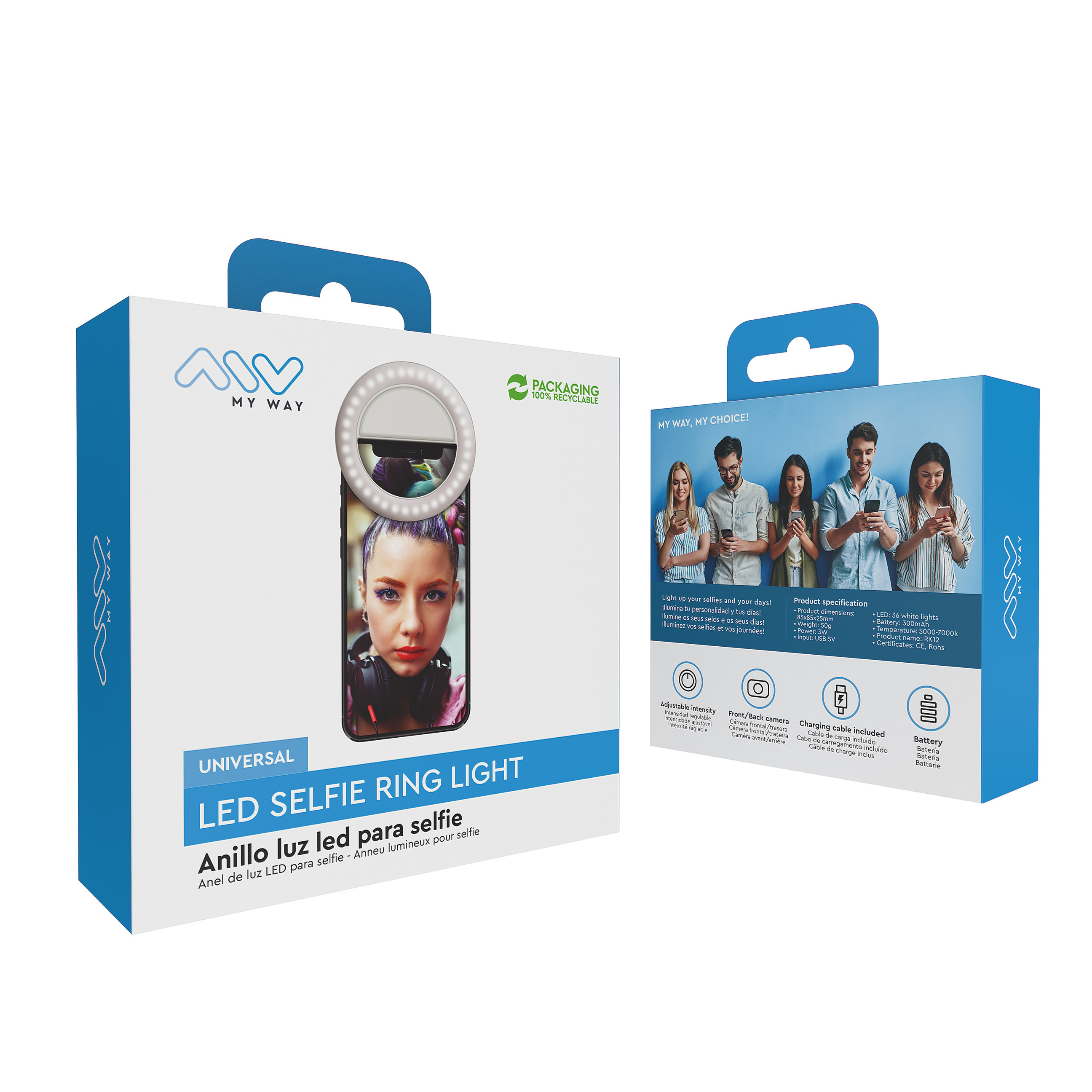 Dos cajas de luz de anillo para selfies. Una caja tiene una luz de anillo con la cara de una mujer, la otra tiene cuatro personas con teléfonos.