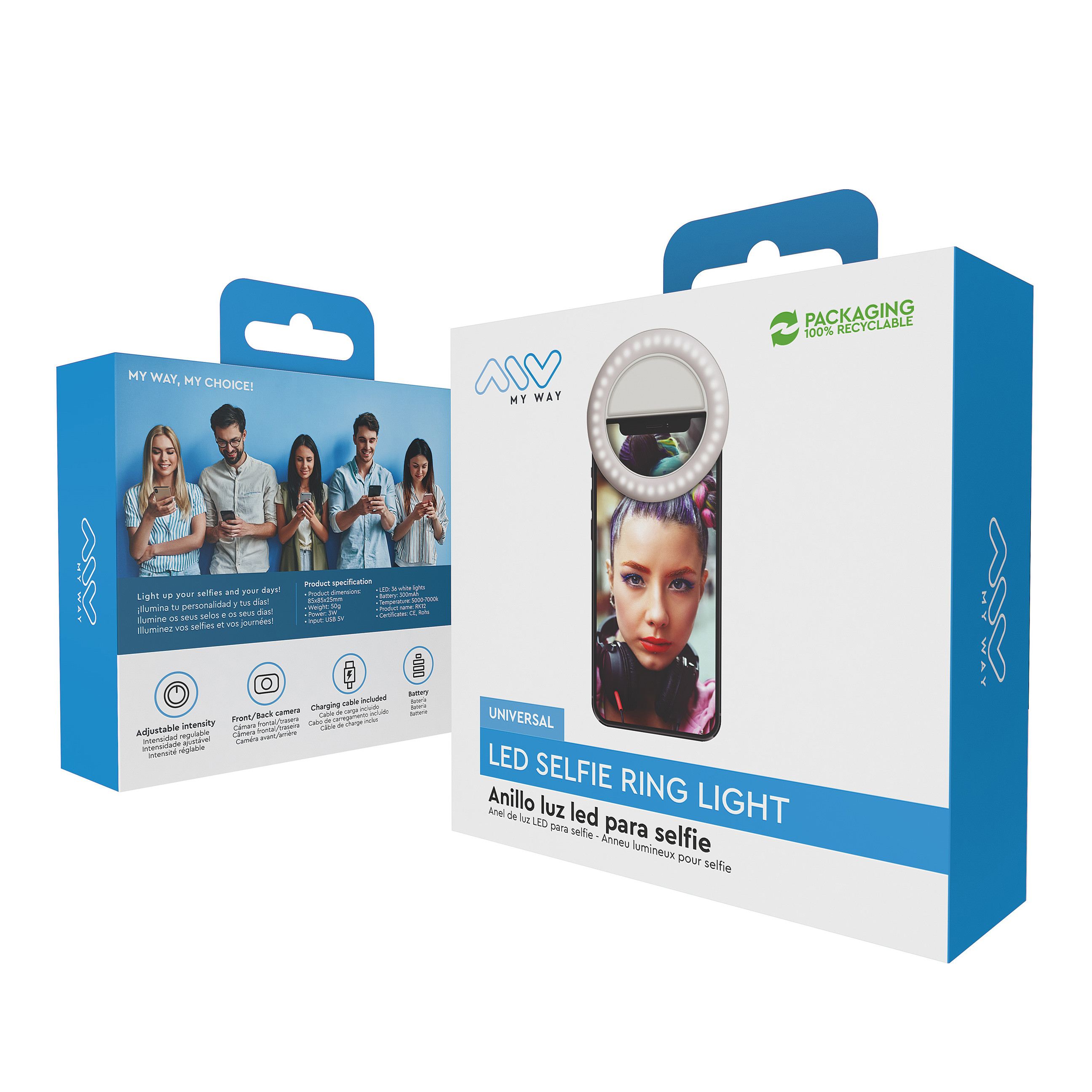 Dos cajas, anillo de luz LED para selfies, con personas en la portada.