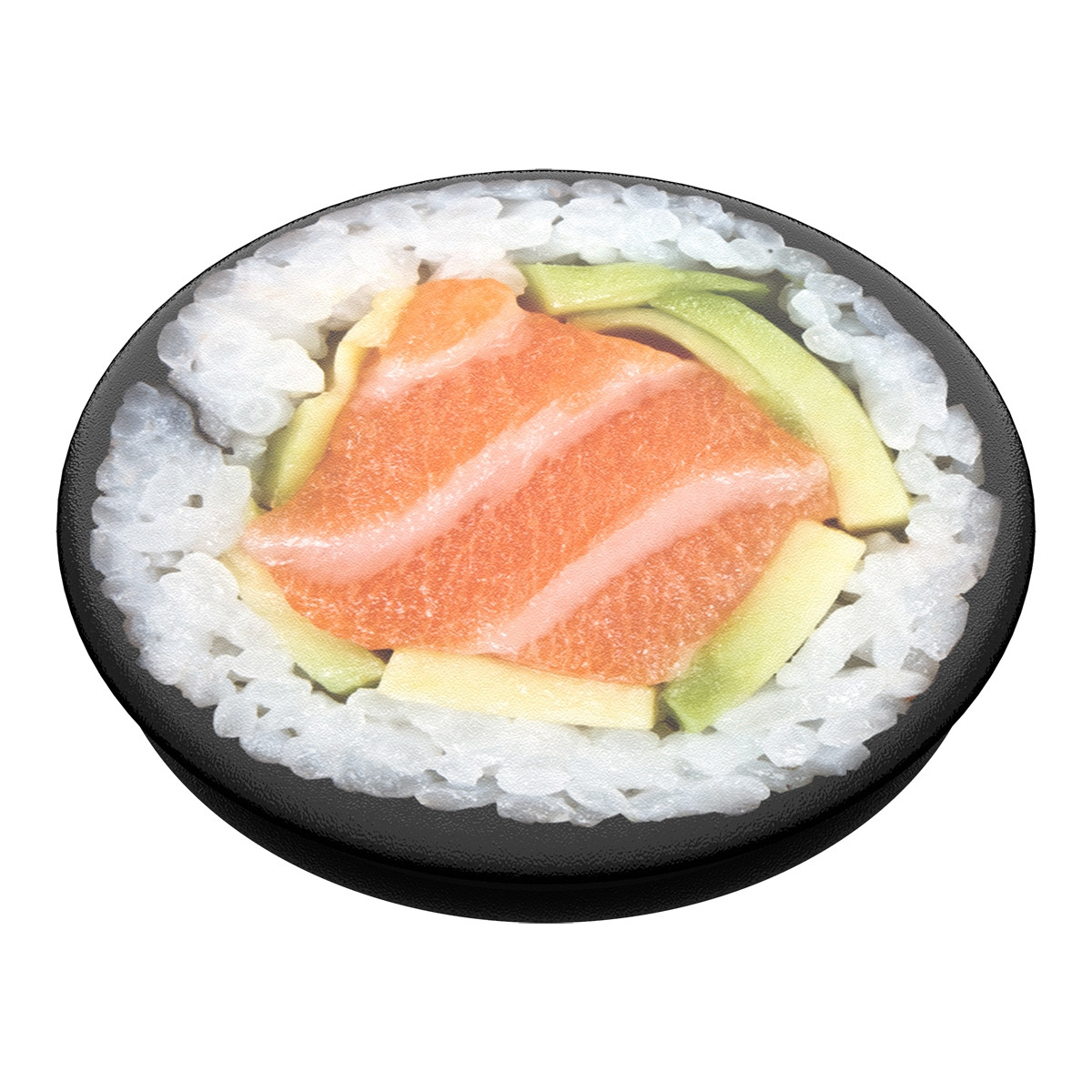 Rollo de sushi con salmón, aguacate y arroz, en un plato negro.