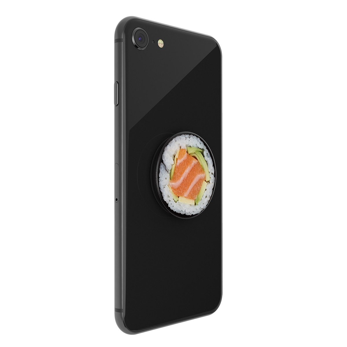 Smartphone negro con un PopSocket de rollo de sushi adjunto. El rollo muestra salmón y aguacate.