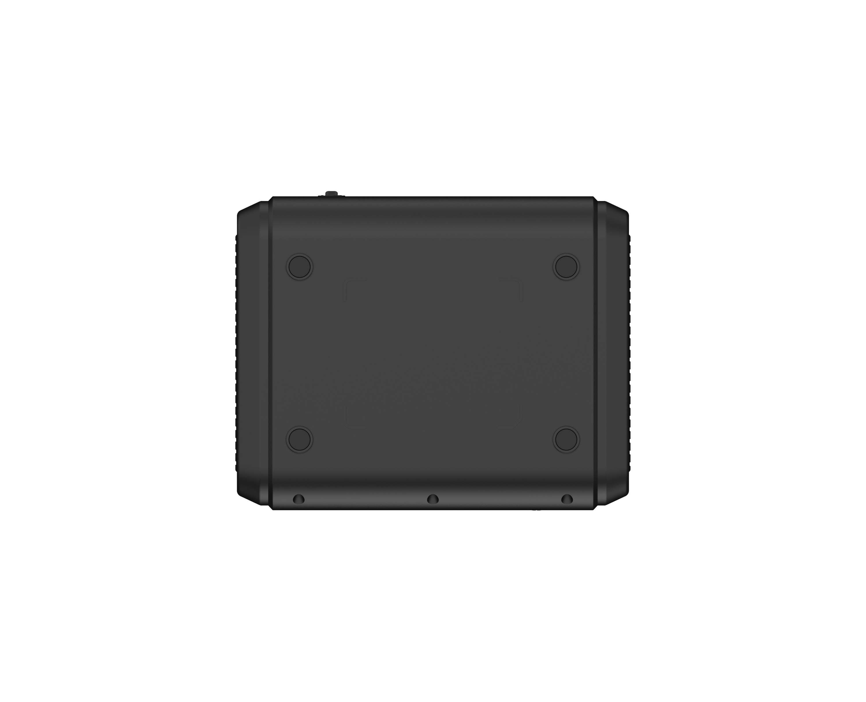 Czarny spód głośnika z okrągłymi nóżkami. Widok od spodu, białe tło.