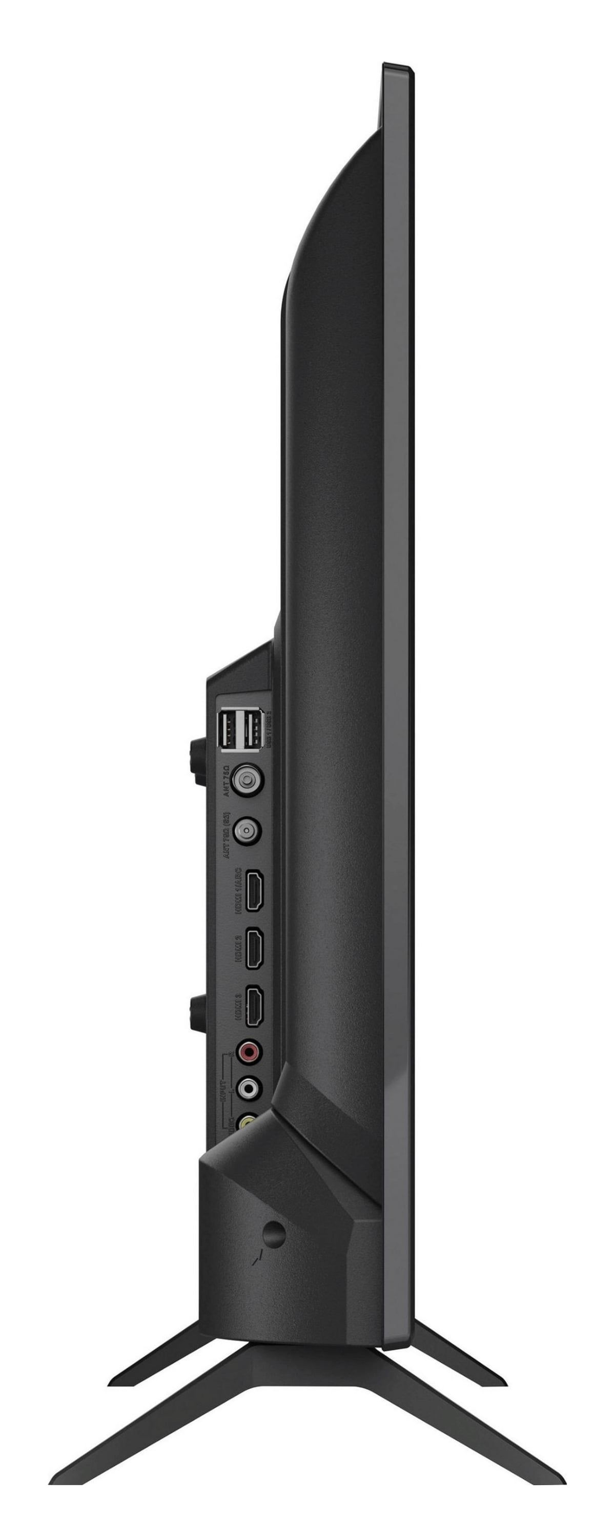 Vista laterale di una TV a schermo piatto nero su un supporto, con porte visibili.