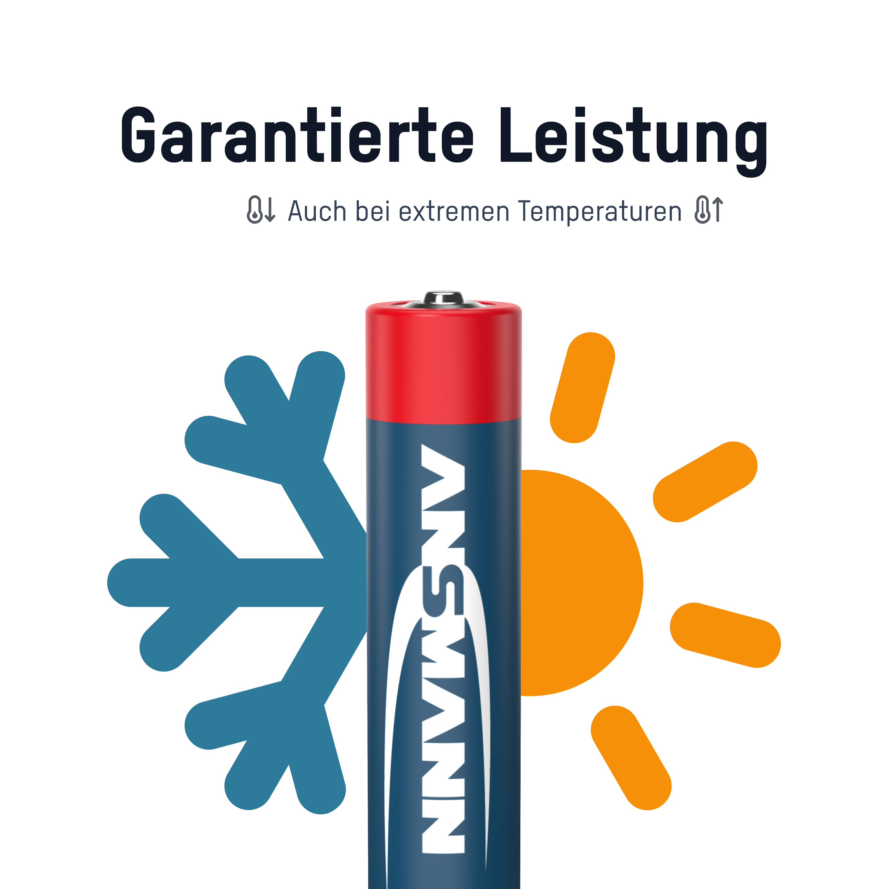 Eine Batterie mit rotem Oberteil und blauem Körper mit Text. Eine Schneeflocke und Sonne im Hintergrund.