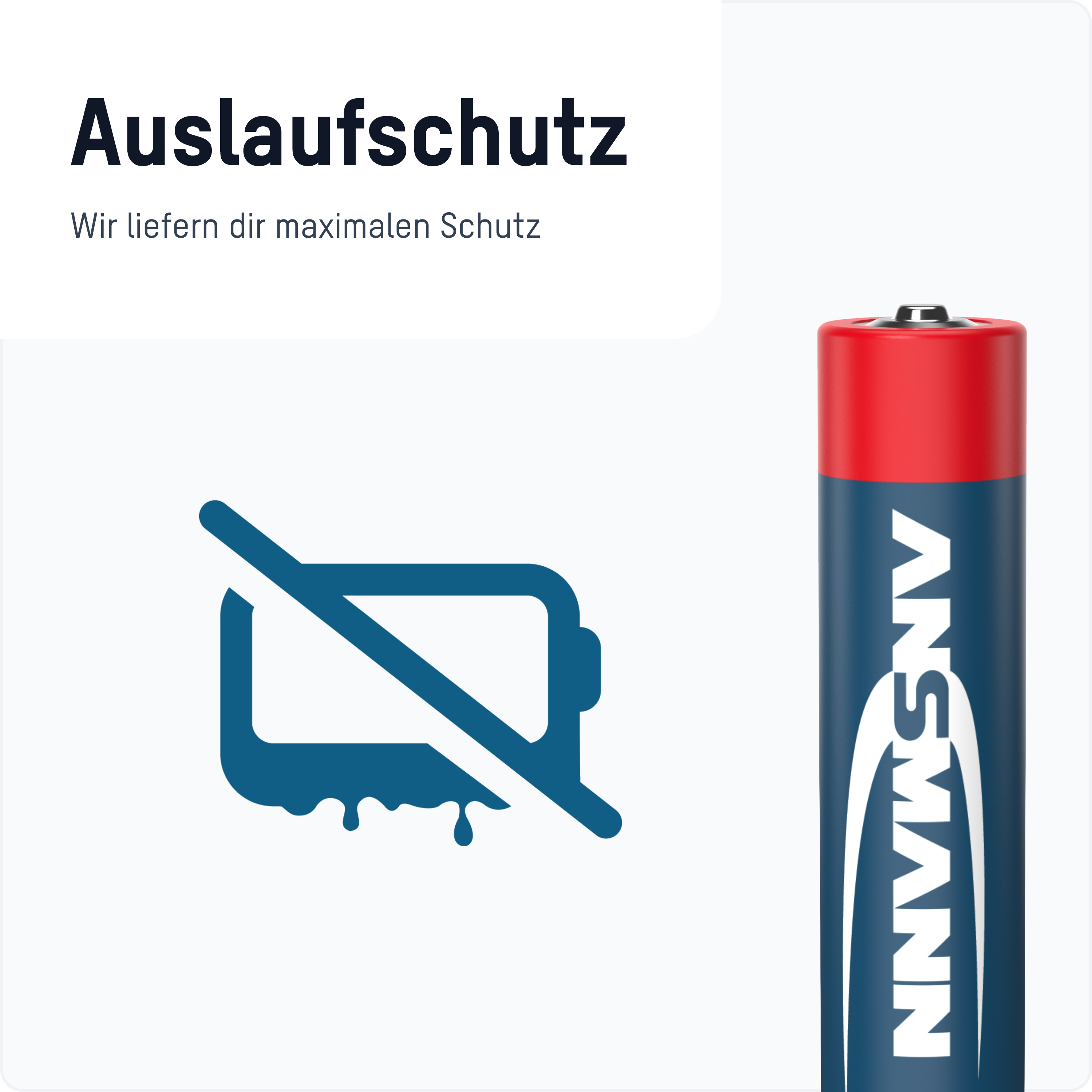 Eine blaue und rote Batterie mit dem Text Ansmann. Weißer Hintergrund.