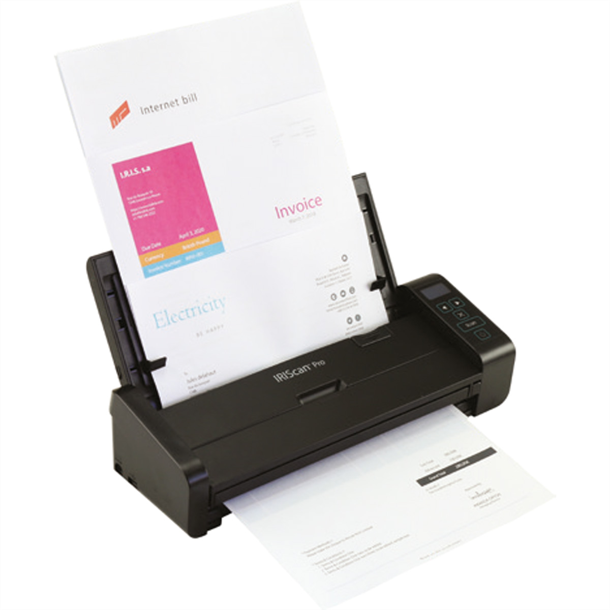 Schwarzer Scanner mit Papier. Das Papier zeigt eine Rechnung und Stromrechnung.