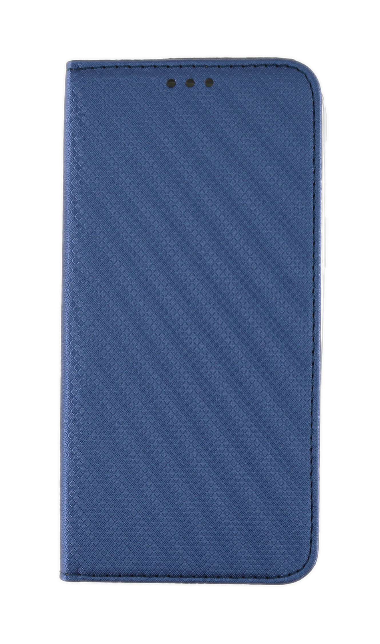 Eine blaue Handyhülle, geschlossen, mit strukturierter Oberfläche und drei kleinen Löchern.
