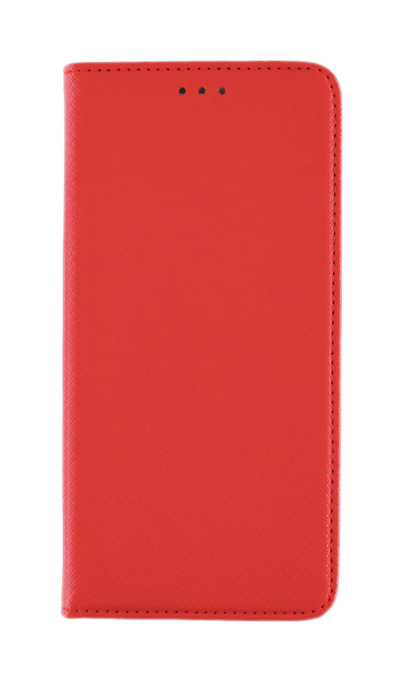 Eine rote rechteckige Handyhülle mit drei kleinen Löchern oben. Weißer Hintergrund.