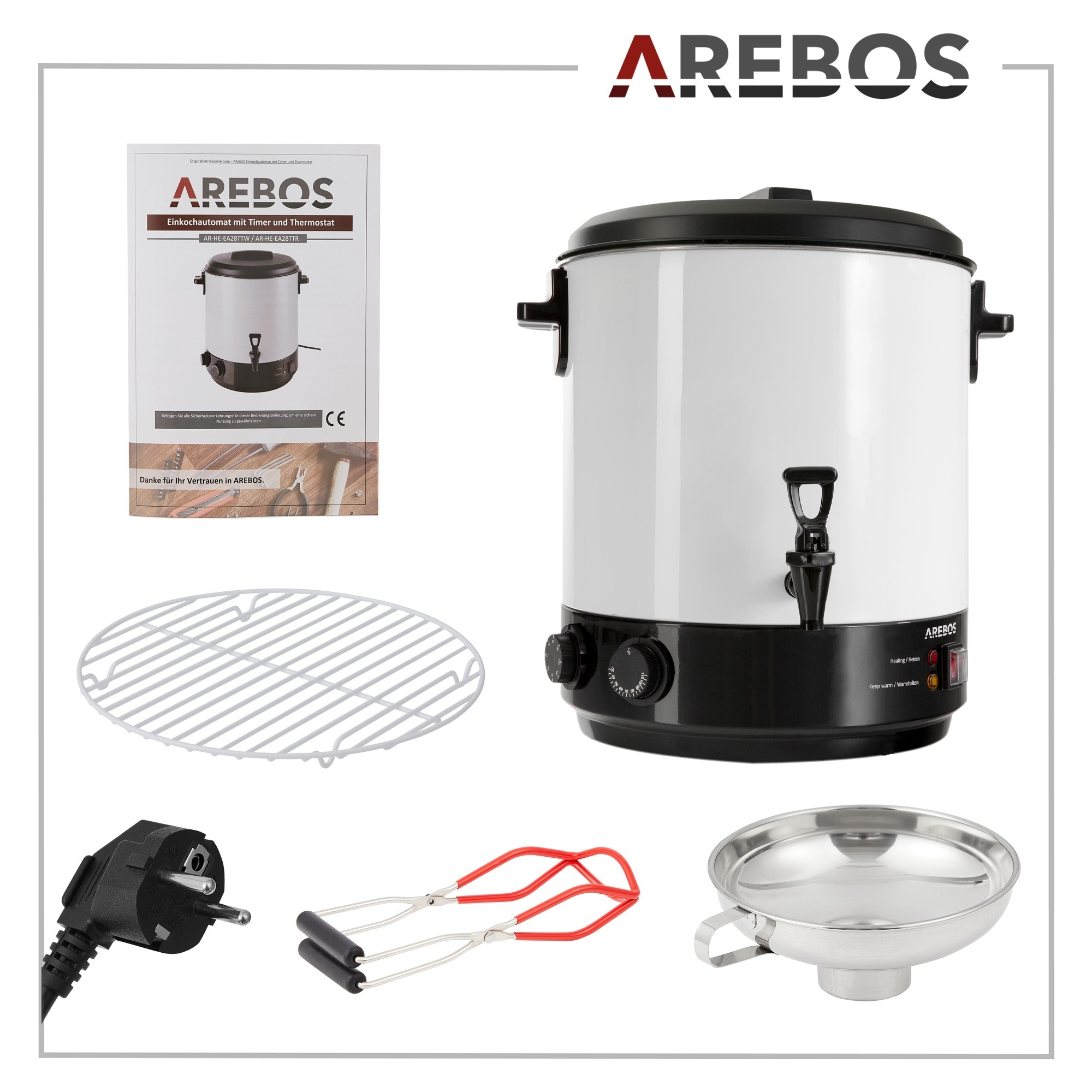 Ein weiß-schwarzer Wasserkocher mit Zubehör und Produktbox auf weißem Hintergrund.