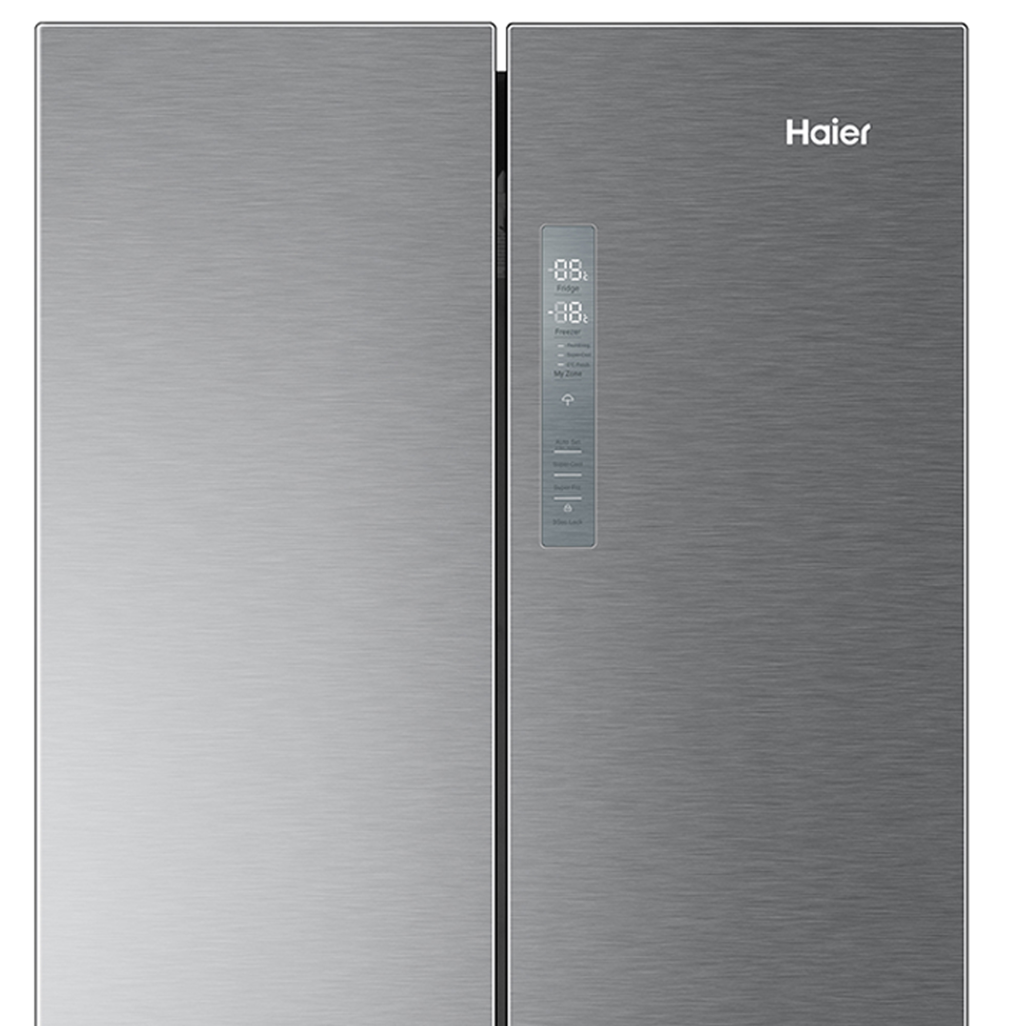 Edelstahlkühlschrank mit zwei Türen. Das Haier-Logo ist auf der rechten Tür sichtbar.