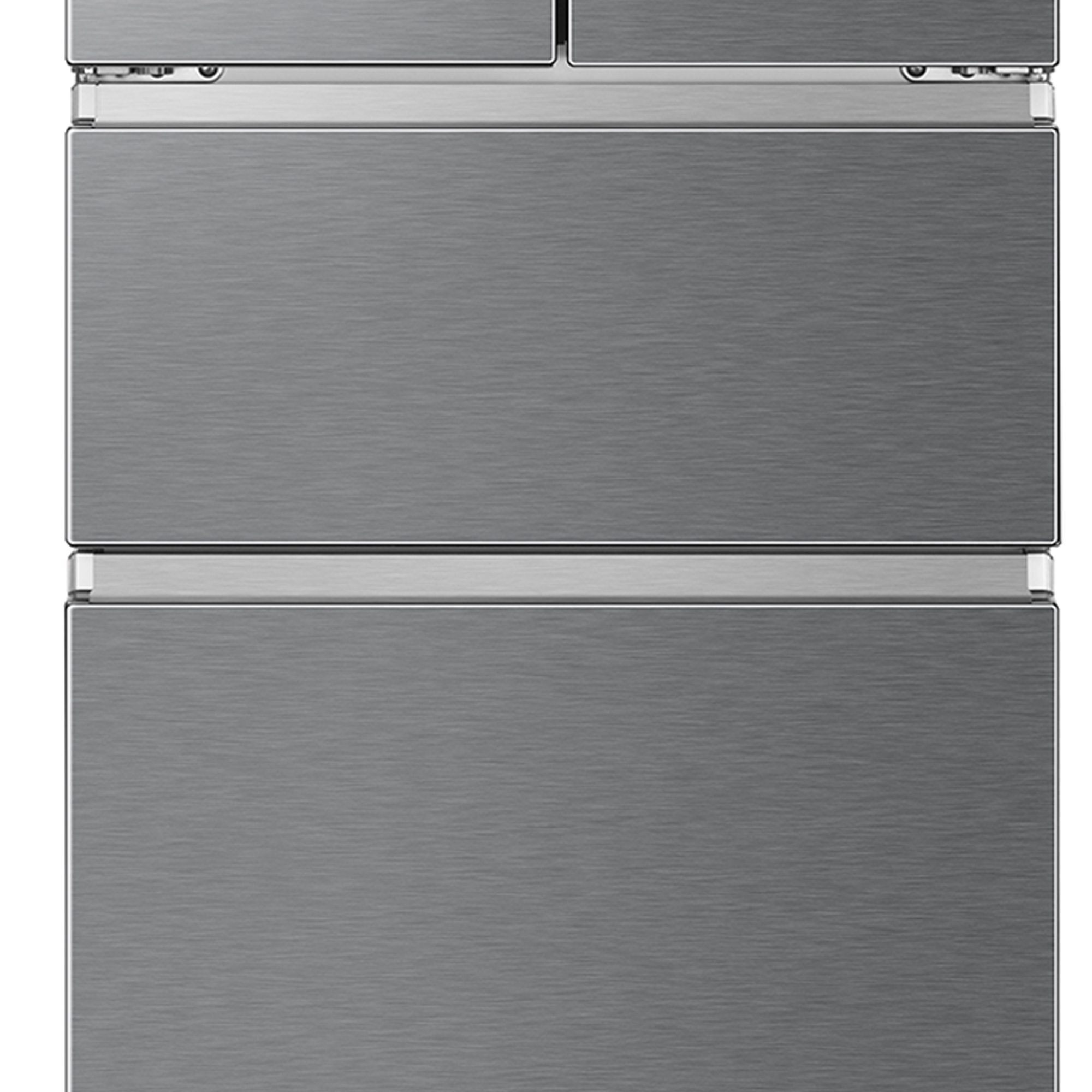 Ein doppelter Kühlschrank aus Edelstahl mit gebürsteter Metalloberfläche.