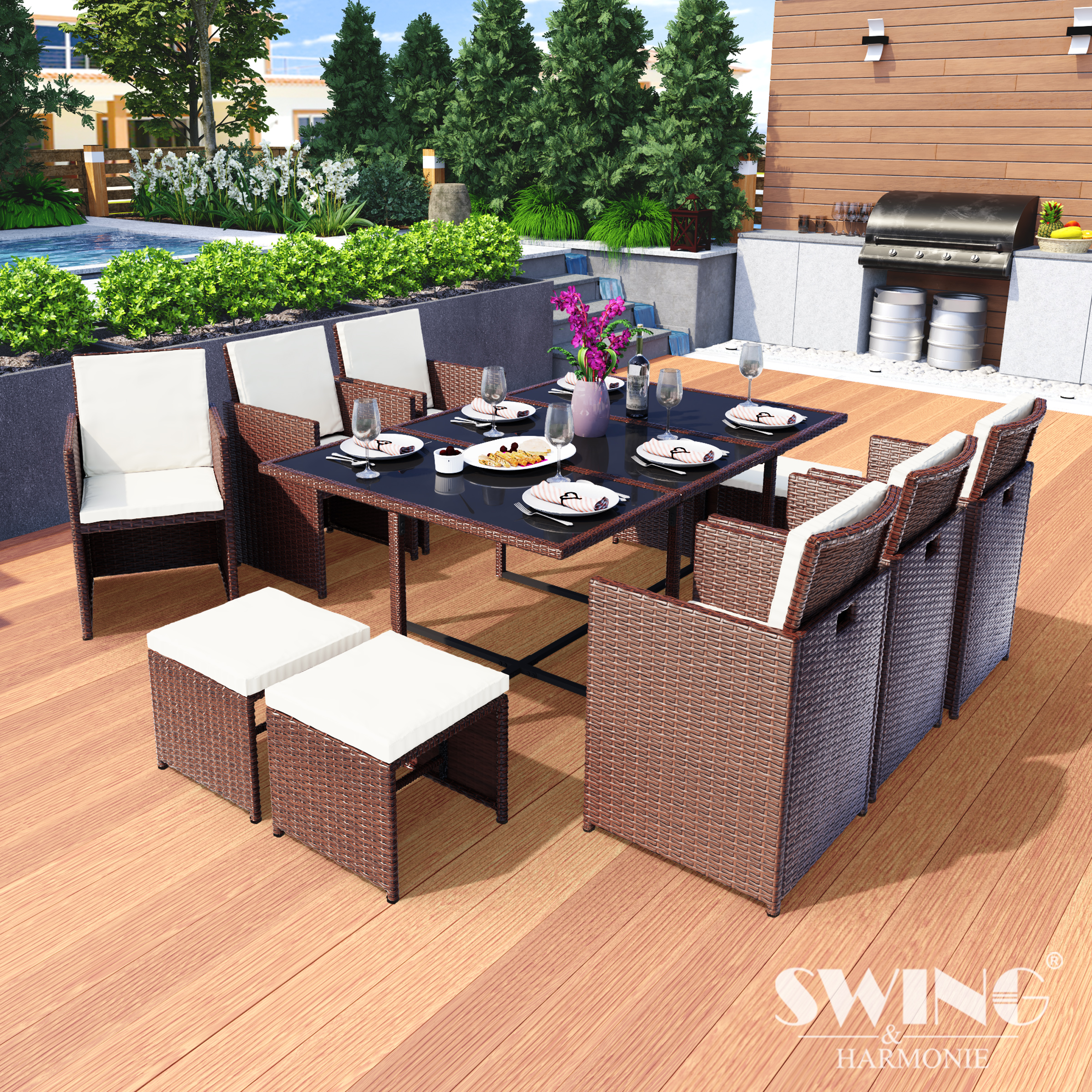 Essgruppe für den Außenbereich mit Tisch, Stühlen und Hockern auf Holzterrasse.