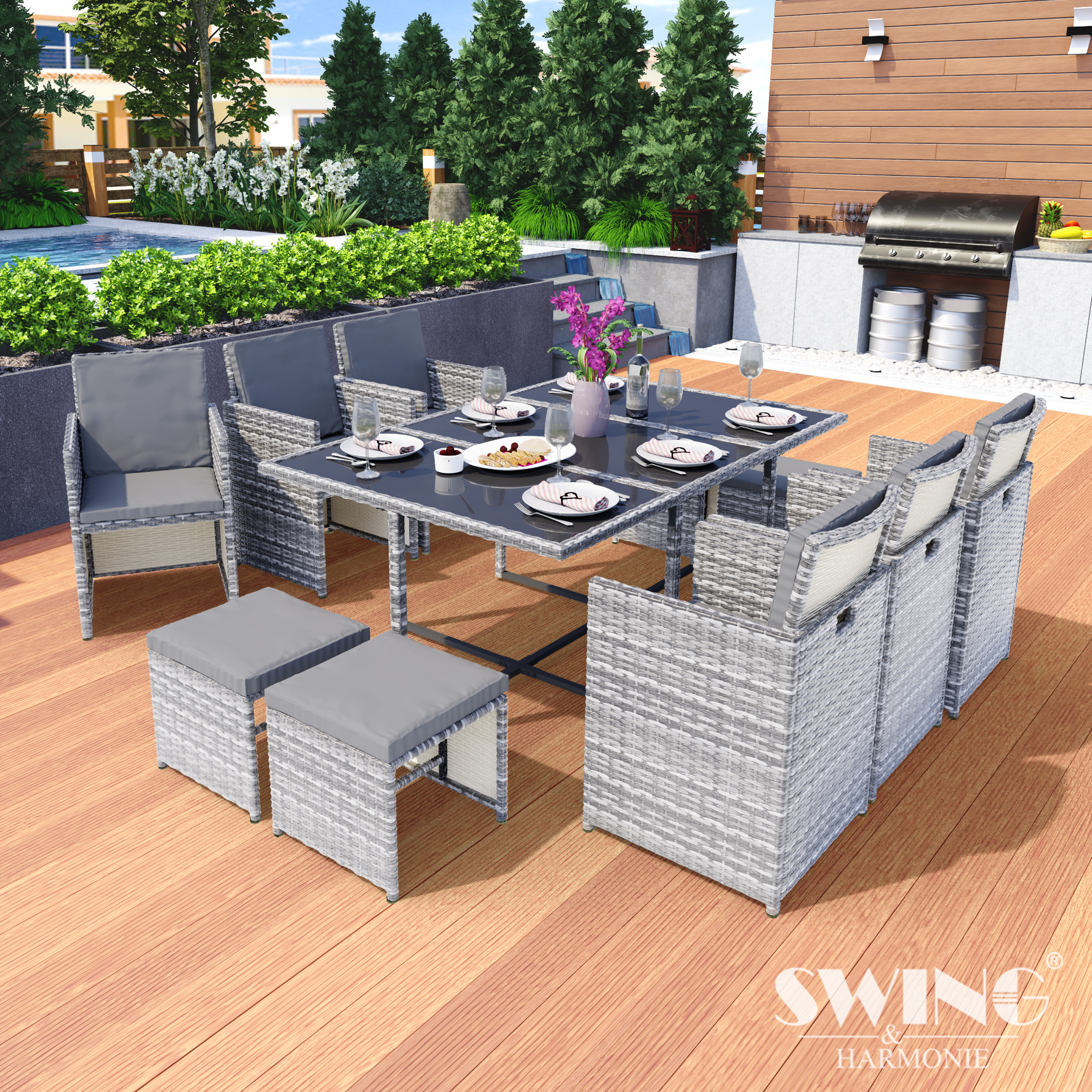 SWING & HARMONIE Vegas Grau - Stuhlset, Gartentisch 11-teilig und Polyrattan Sitzgarnitur Set