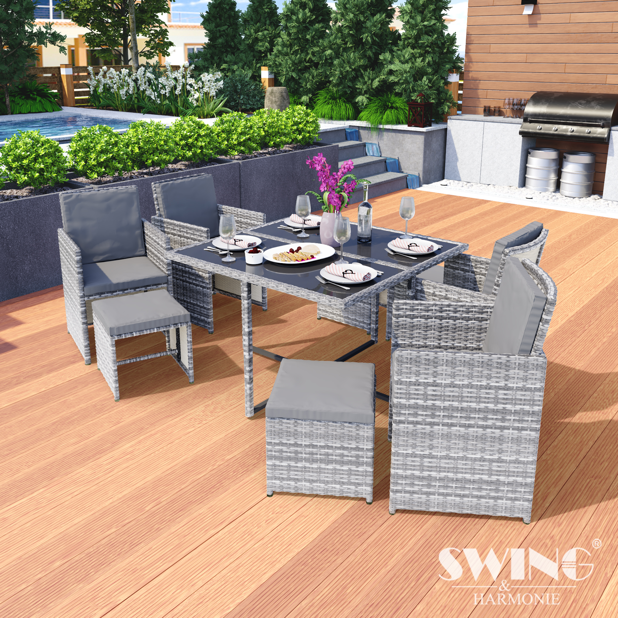 SWING HARMONIE und Vegas Set Grau Polyrattan & Sitzgarnitur 9-teilig - Stuhlset, Gartentisch