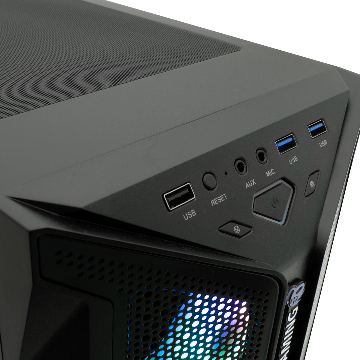 Panel frontal de la caja de PC negra. Botones USB, micrófono y encendido. Fondo negro.