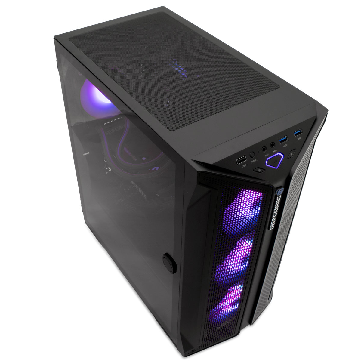Carcasa de ordenador negra con panel lateral de vidrio. Iluminación morada visible en el interior, con logo.
