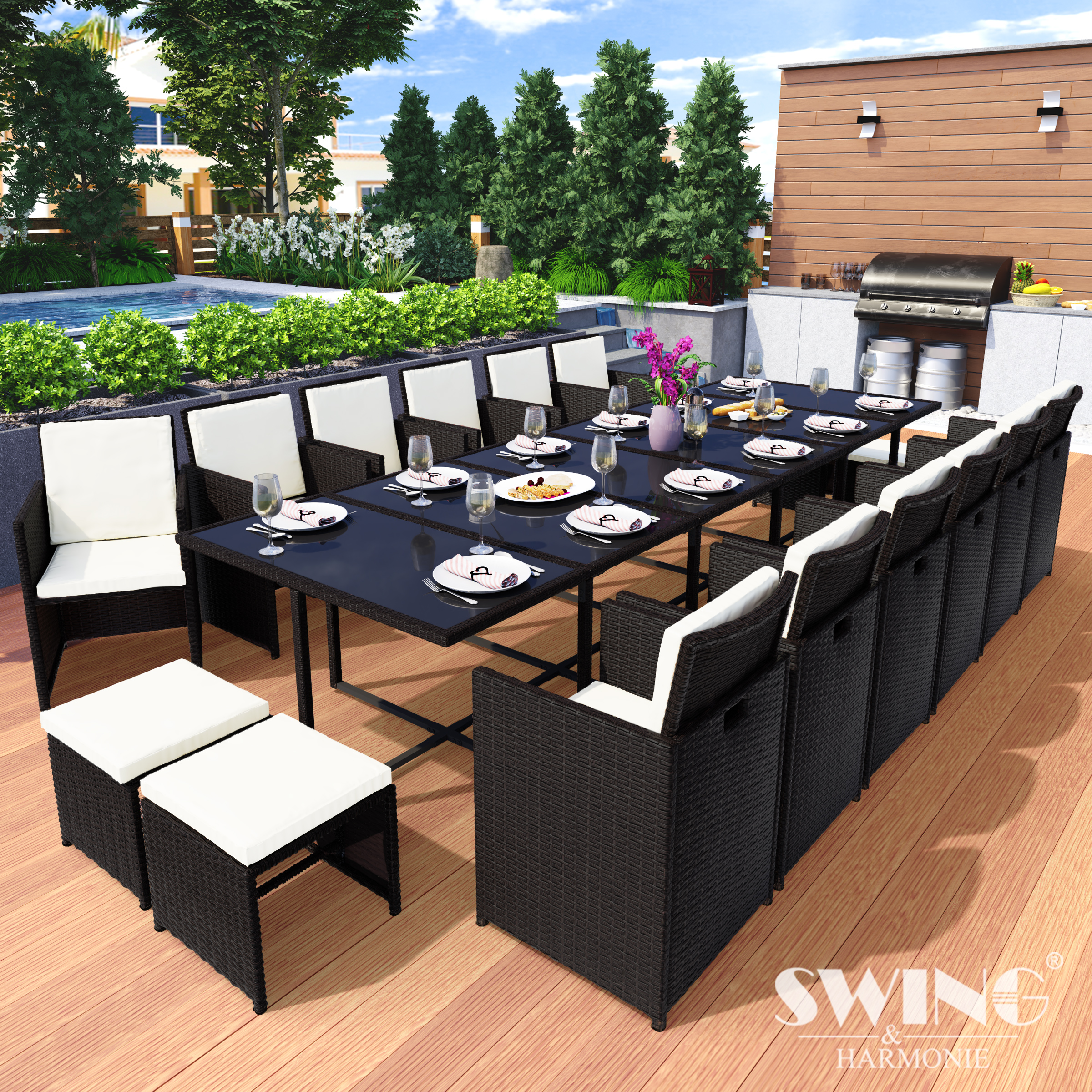 - 17-teilig HARMONIE Schwarz Polyrattan Stuhlset, SWING Sitzgarnitur & und Gartentisch Set Vegas