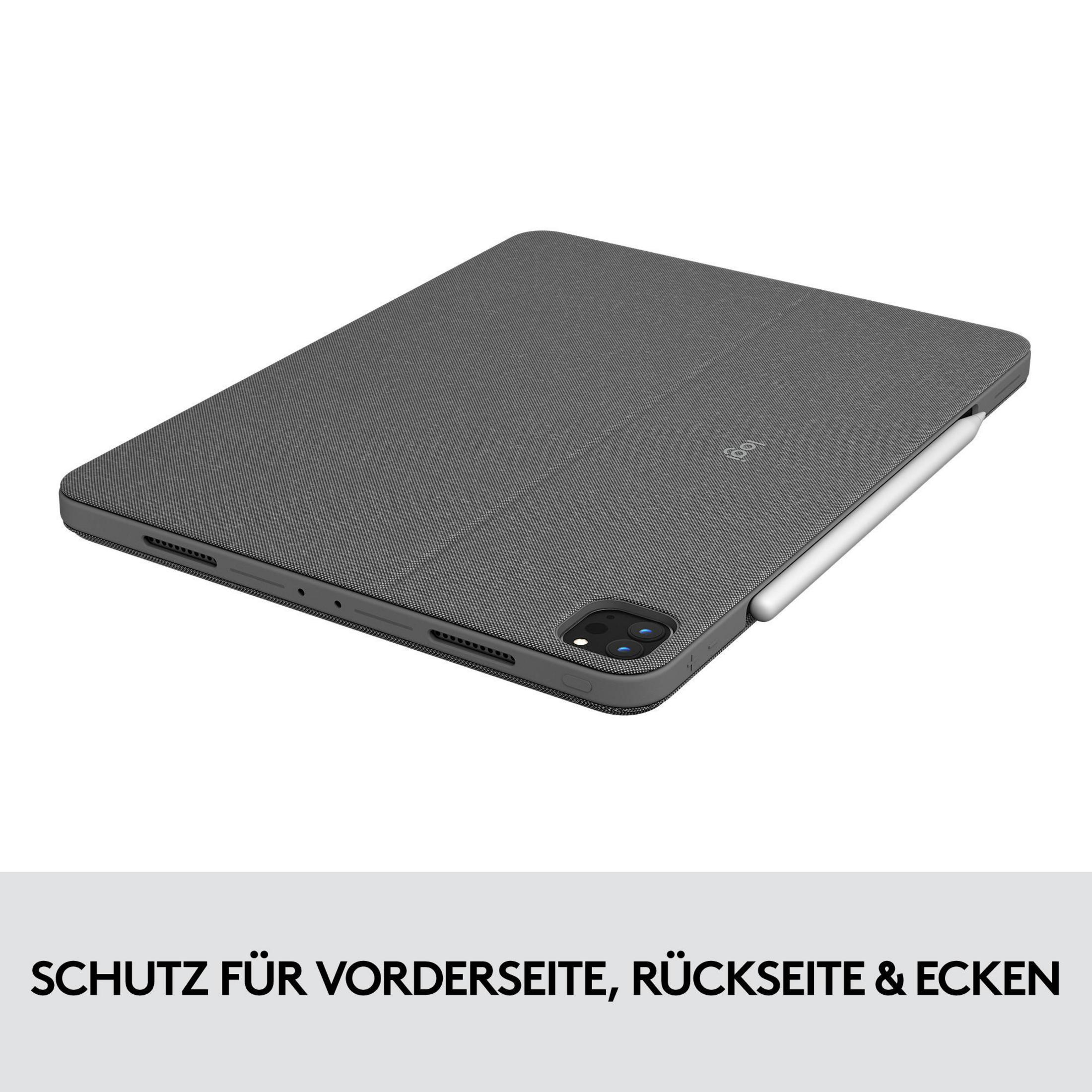 Graue iPad-Hülle mit grauer Stoffstruktur. Auf der Seite ist ein weißer Stift befestigt. Text: Schutz für Vorderseite.