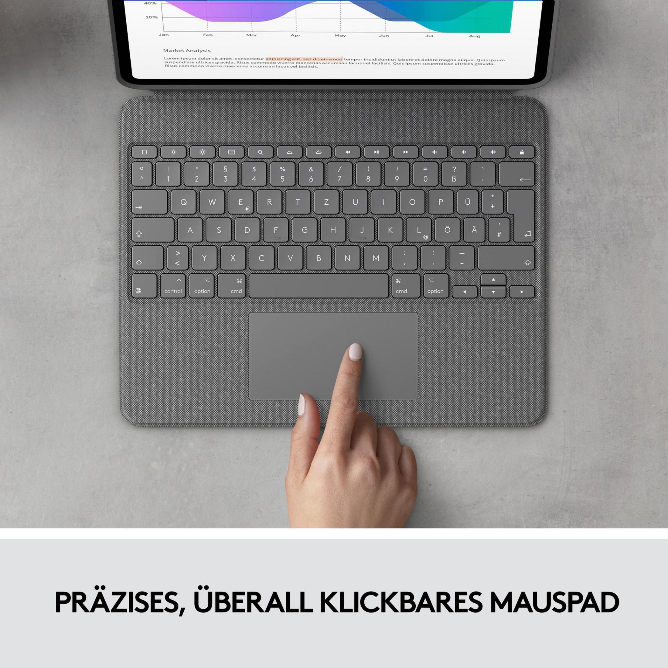 Draufsicht auf eine graue Tastatur mit Hand auf dem Touchpad.