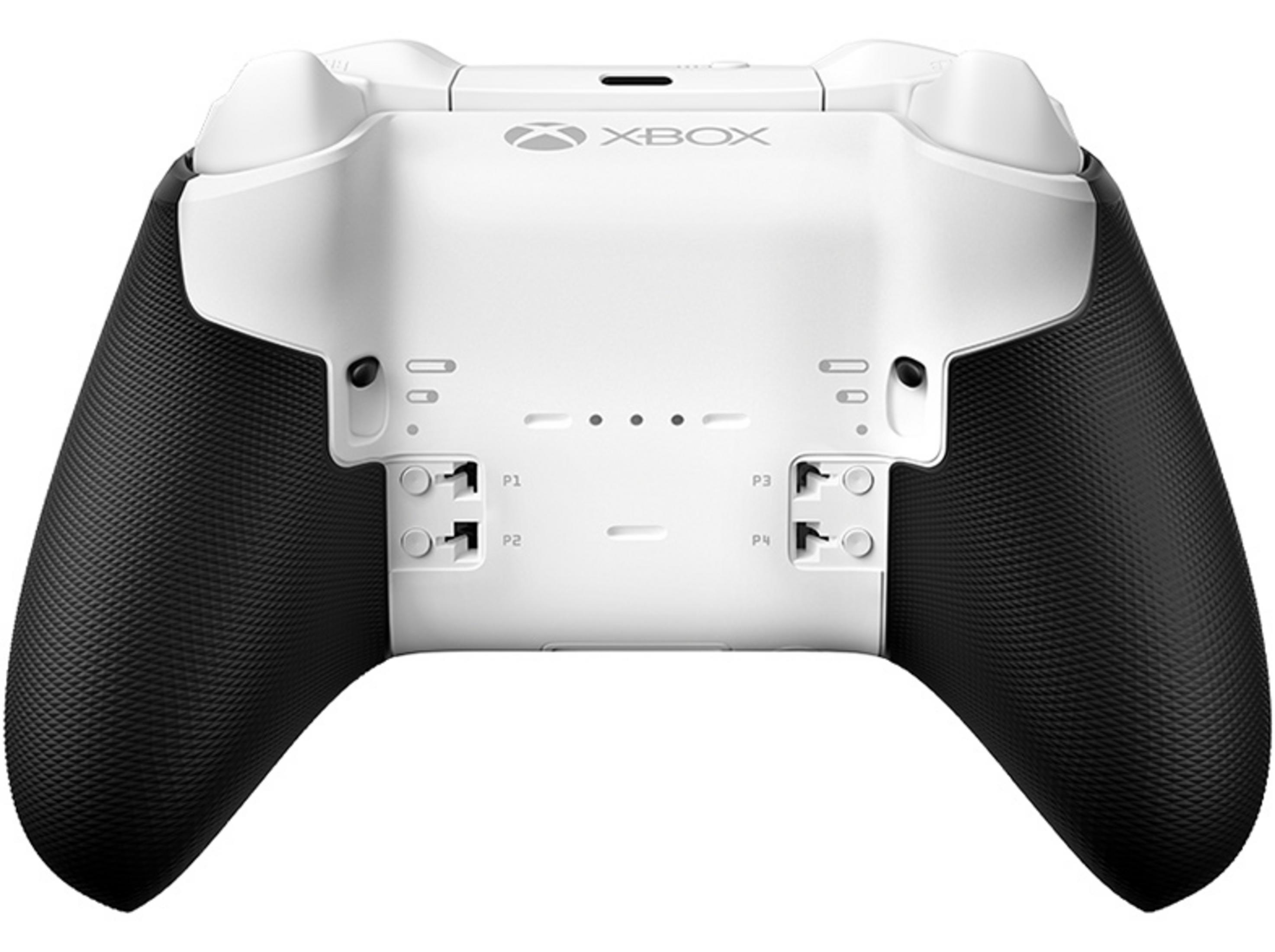 Widok z tyłu białego i czarnego kontrolera Xbox. Pokazuje przyciski, spusty i łopatki.