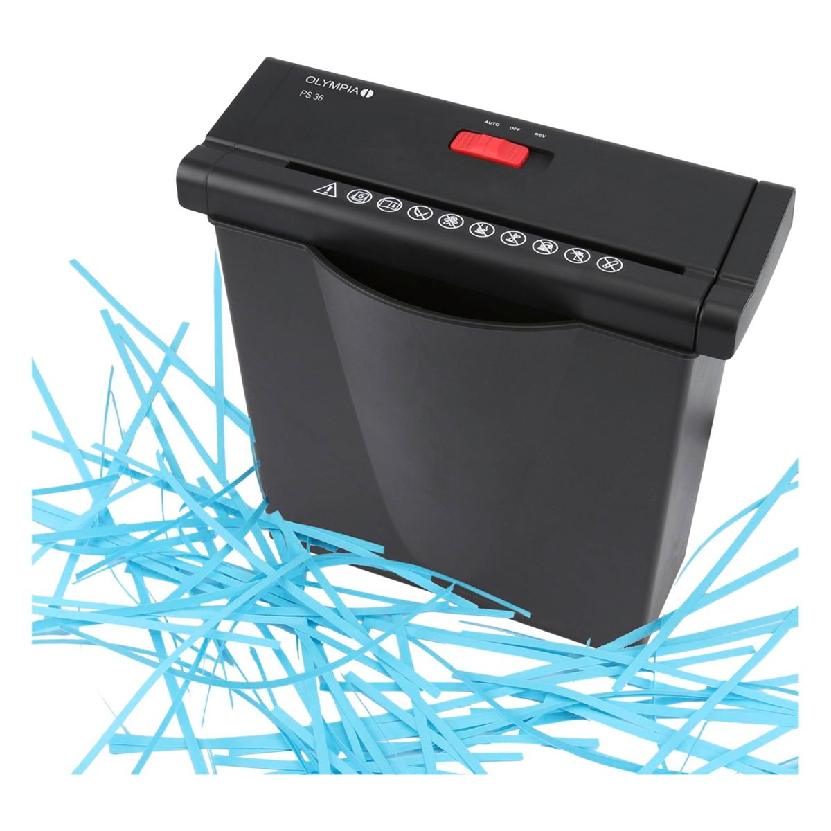 Un tritacarte nero con carta sminuzzata blu su una superficie bianca.