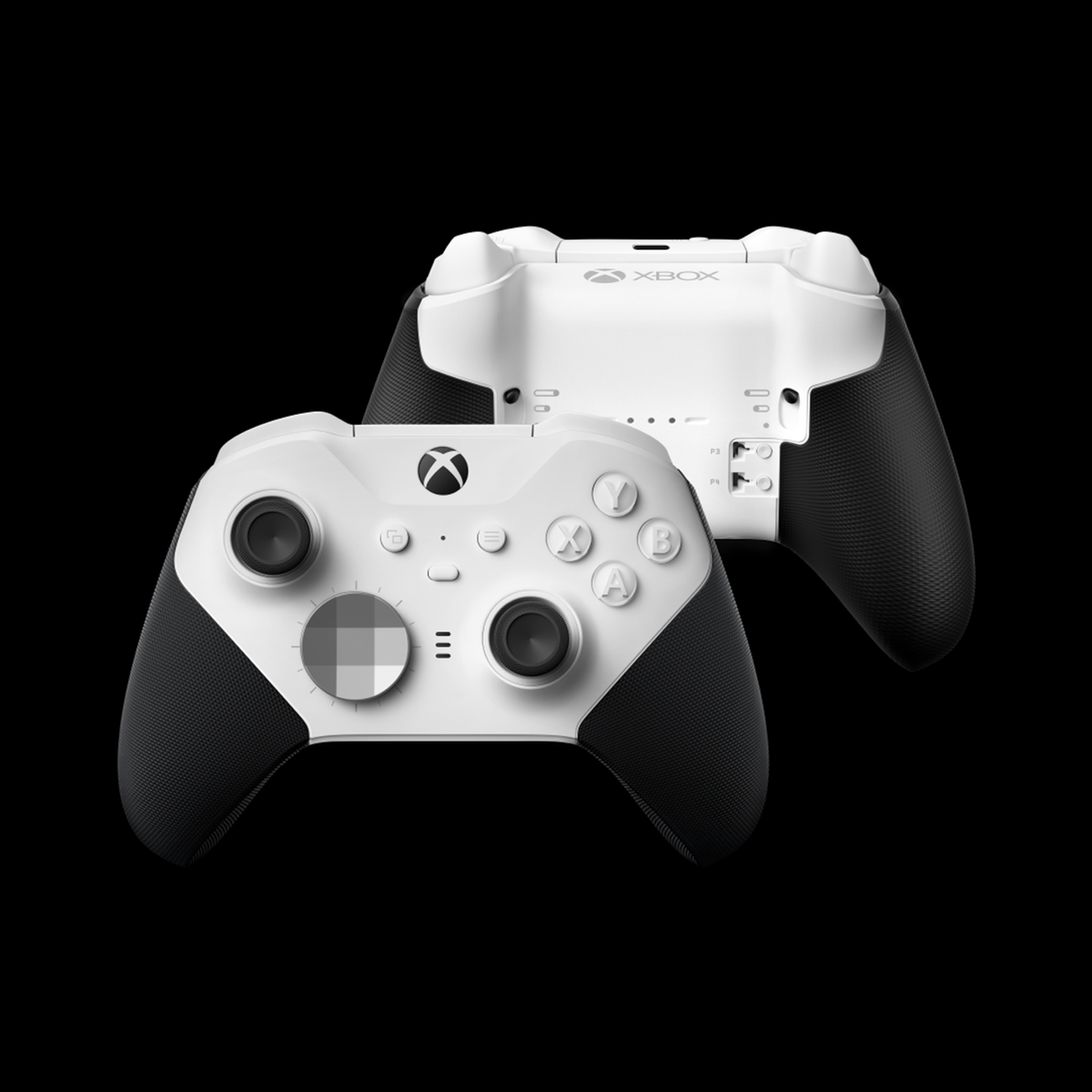 Biało-czarny kontroler Xbox. Dwa kontrolery, pokazujące przód i tył.
