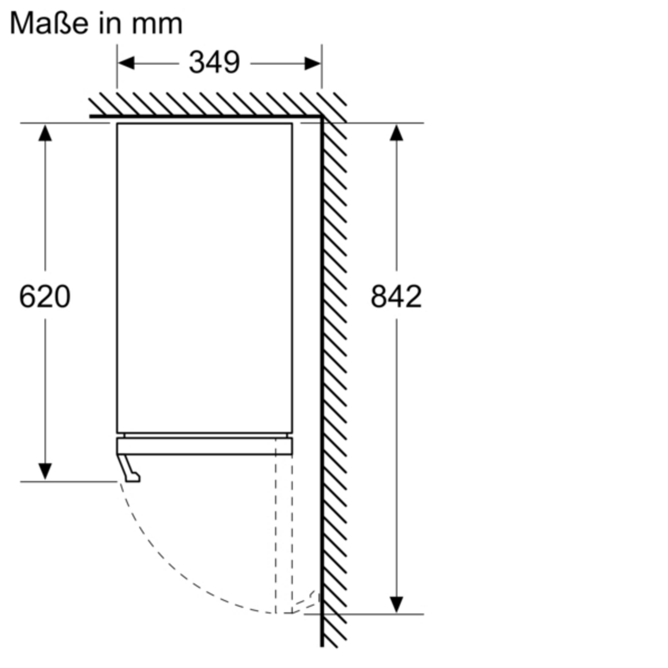 Diagramm eines Einbaukühlschranks. Zeigt Abmessungen: 620 mm hoch, 349 mm breit.