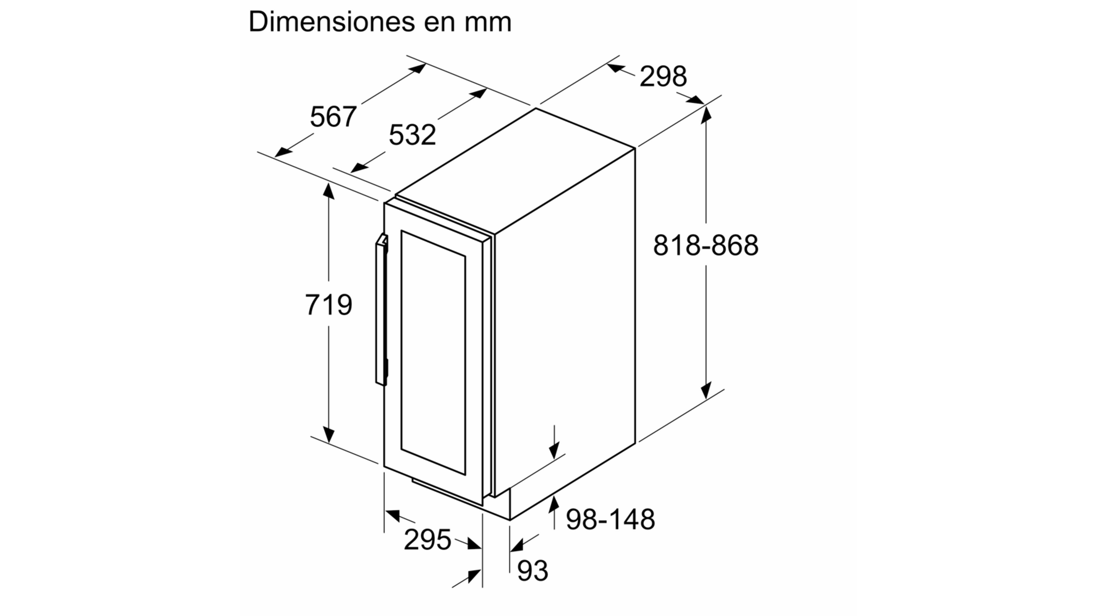 Technische Zeichnung eines schwarzen Kühlschranks, mit Abmessungen in mm auf schwarzem Hintergrund.